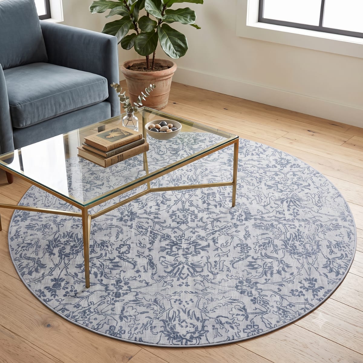 Neulooms Handloom Knotted Reversible Flatweave Round Rug Blue or Ivory 6ft