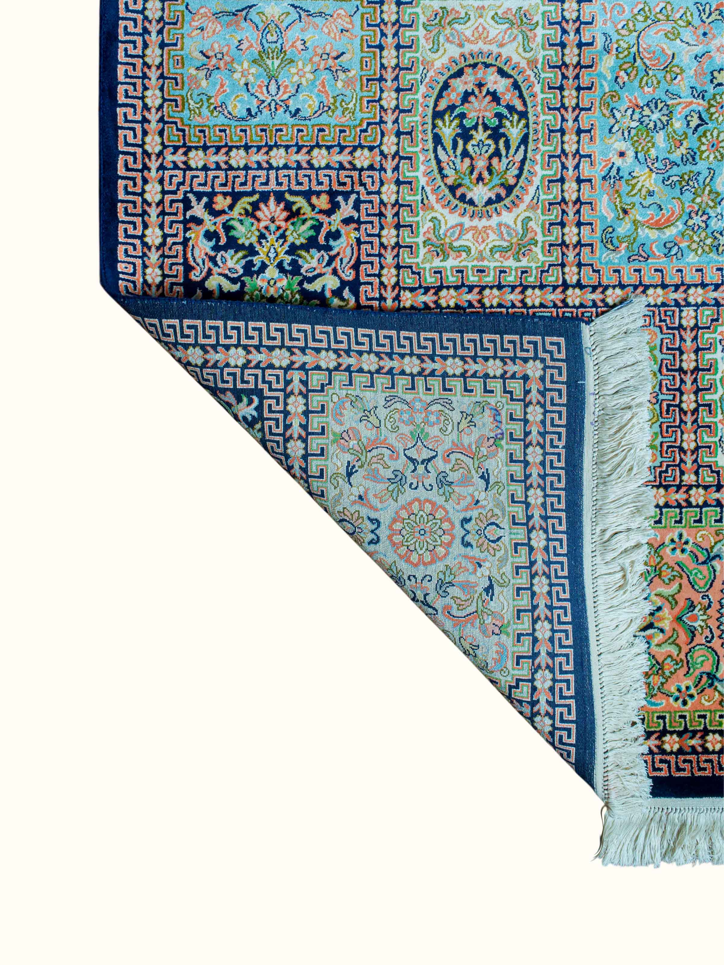 Traditional Persian Blue Green Dabdar Kashmir Silk Hand-Knotted Carpet