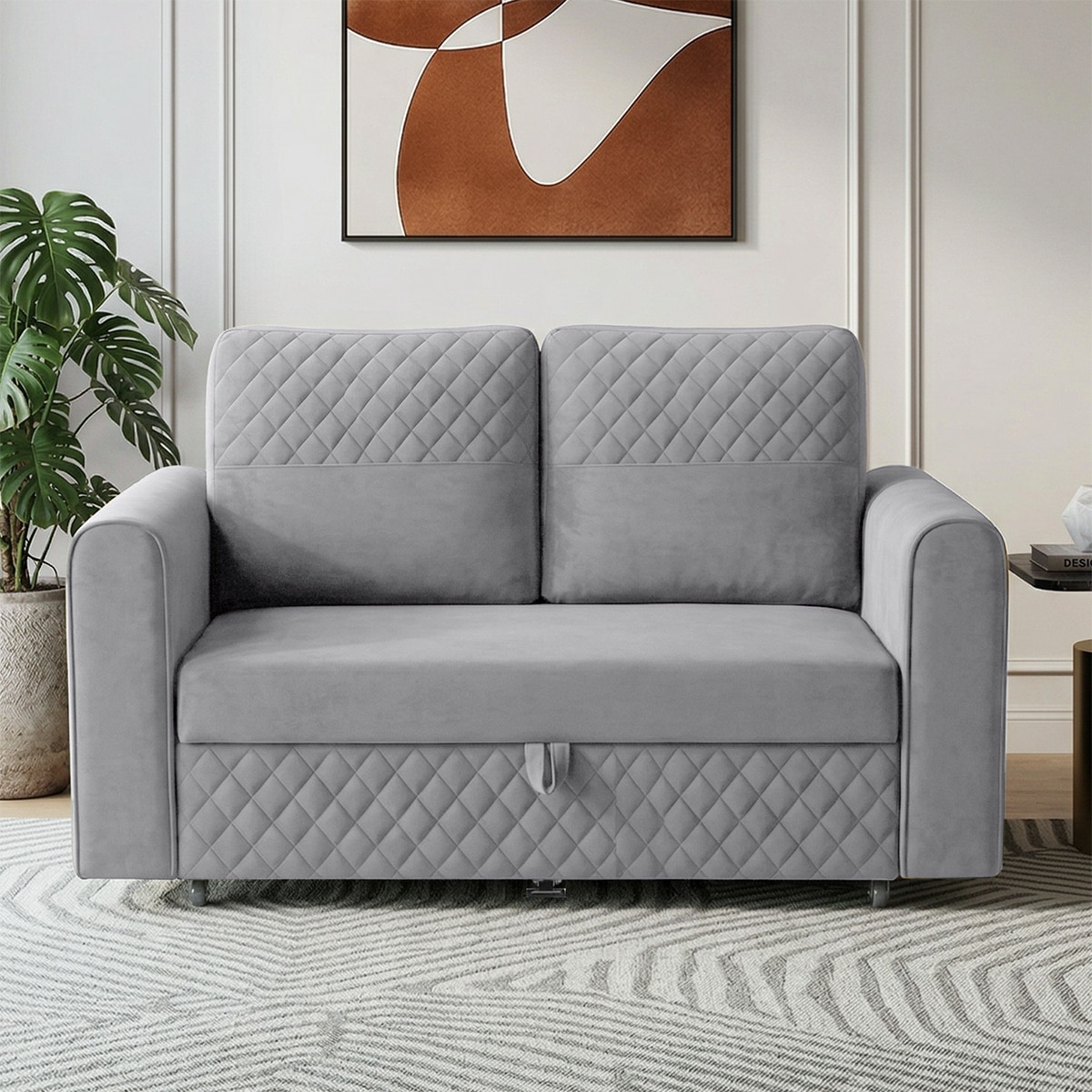Baruna 2 Seater Velvet Pull Out Sofa Cum Bed with Storage In Grey Color - Home Lifestylez
