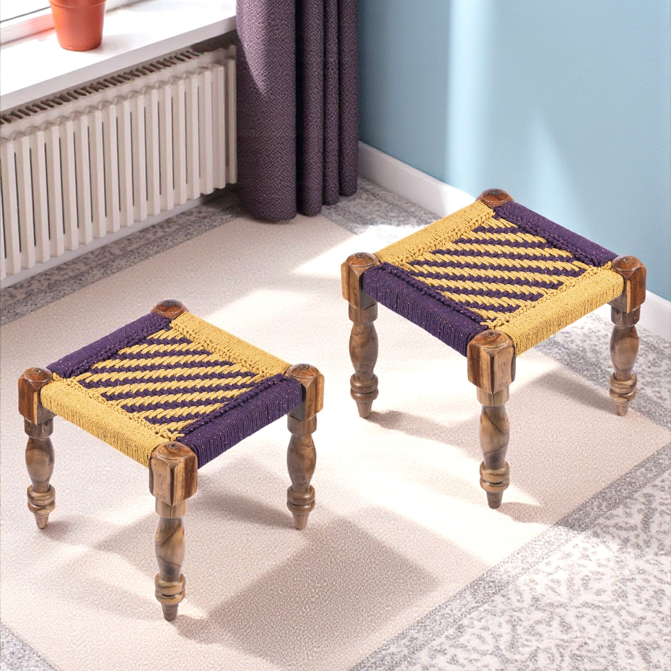 Riaza Sheesham Wood Vintage Set of 2 Stools in Yellow & Purple Rope Canning