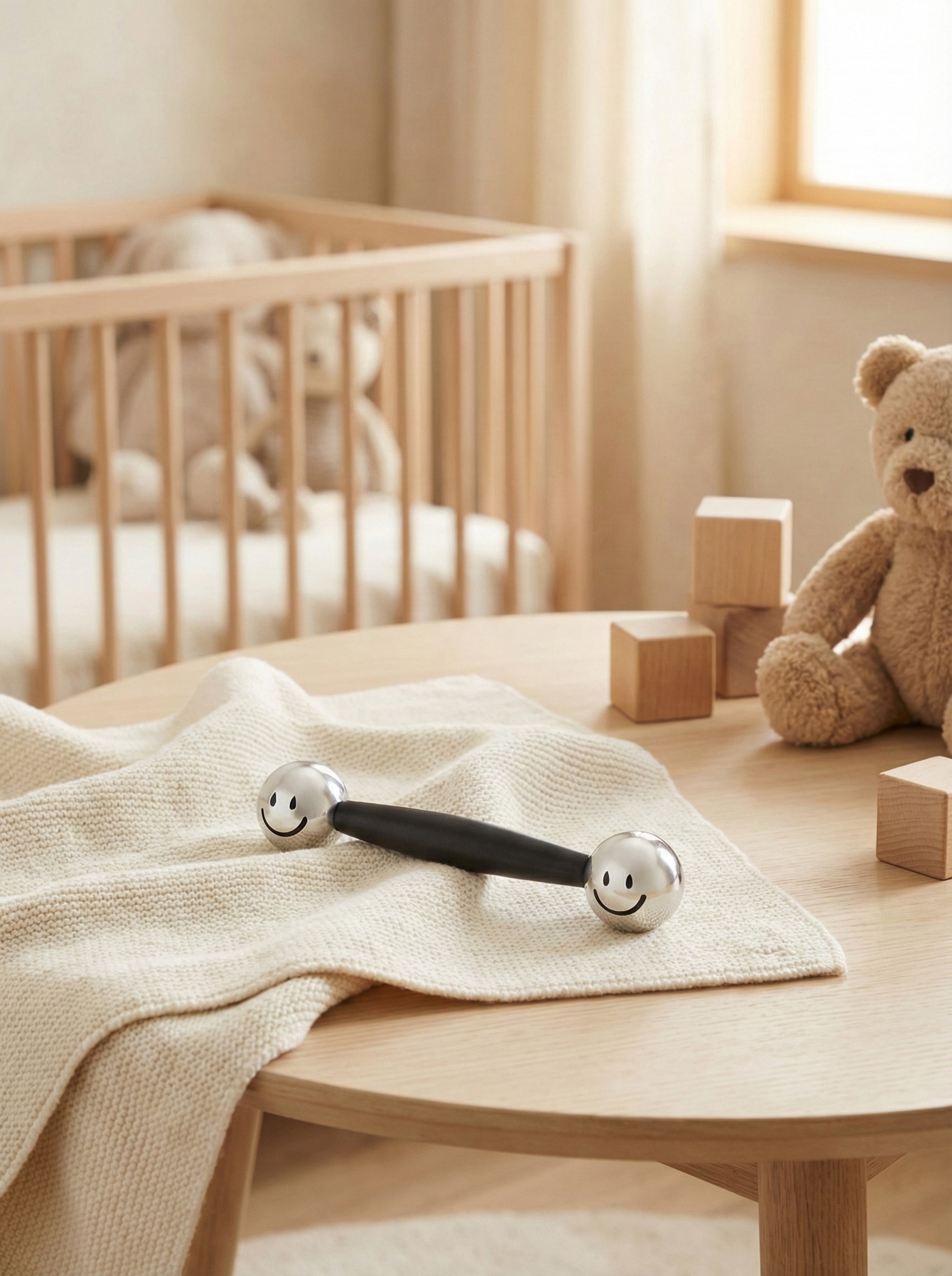 Lifestyle view of Silver Dumbbell Rattle