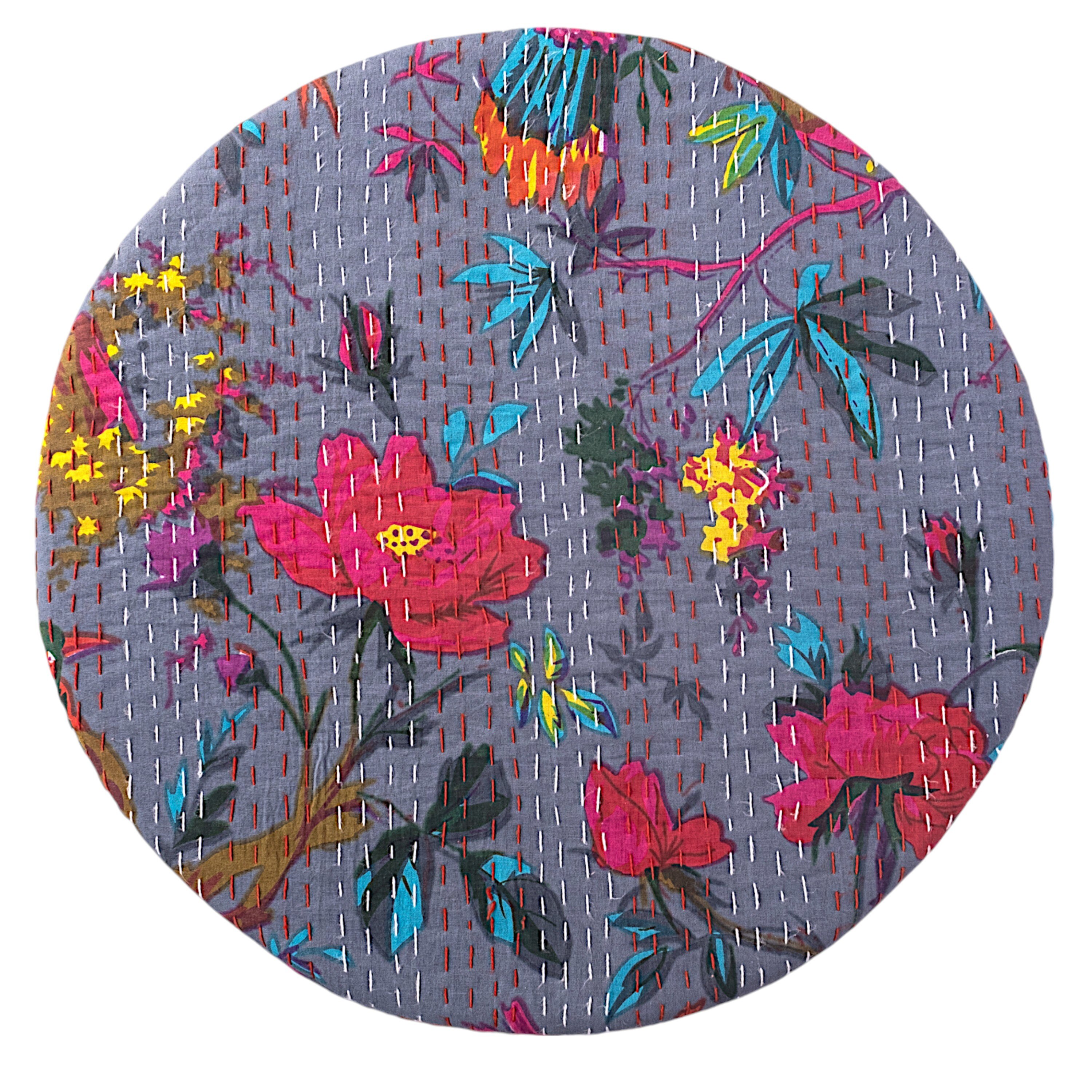 Nayla Sheesham Wood Mid-Century Set of 2 Stools in Grey Bird Print Kantha, Teak Finish