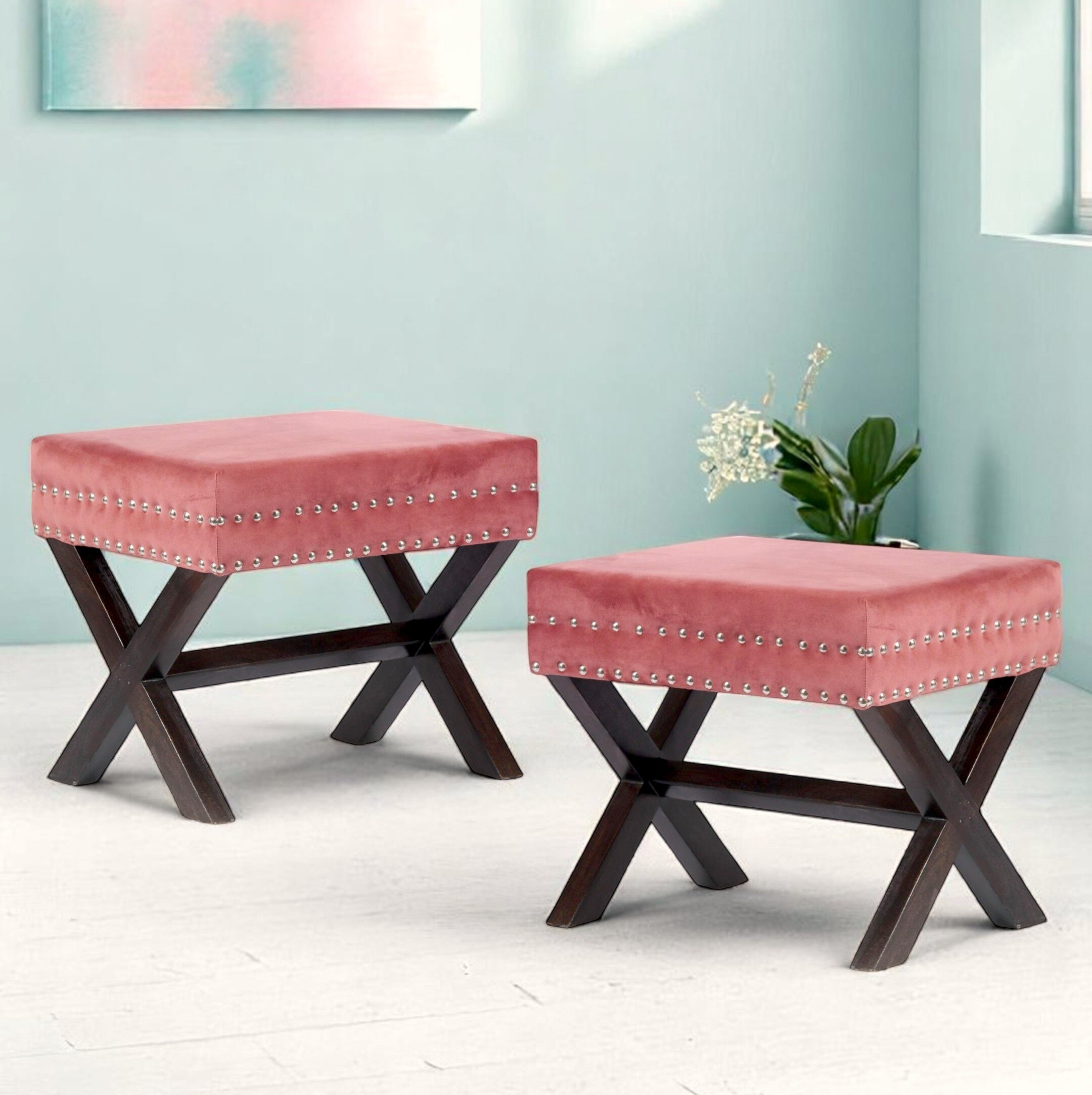Rosslyn Solid Wood Pouf Stool in Coral Pink Velvet