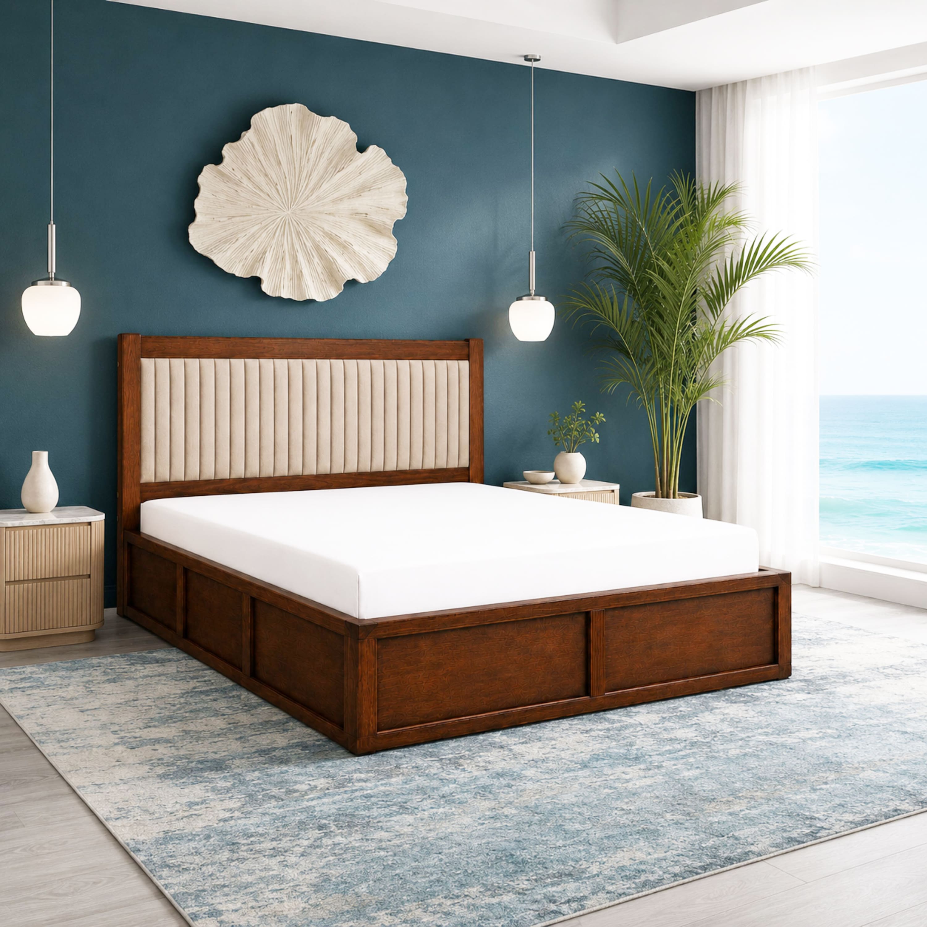 Aaranya Solid Wood Compact Queen Bed Hydraulic Storage Provincial Teak Finish Mattress 60 x 72 Inches - Globally Indian