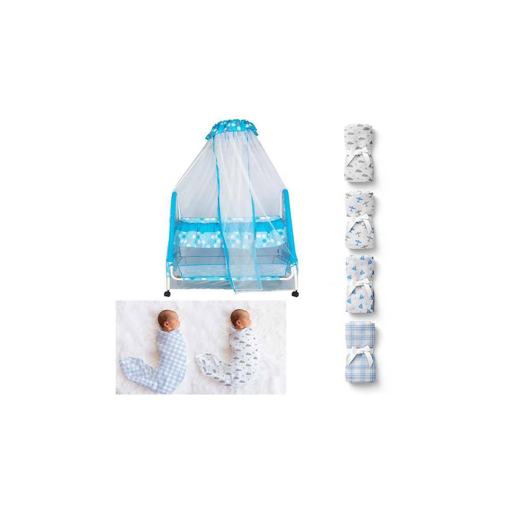 Aurora Stainless Steel Baby Cradle with Mosquito Net Clouds &Checks