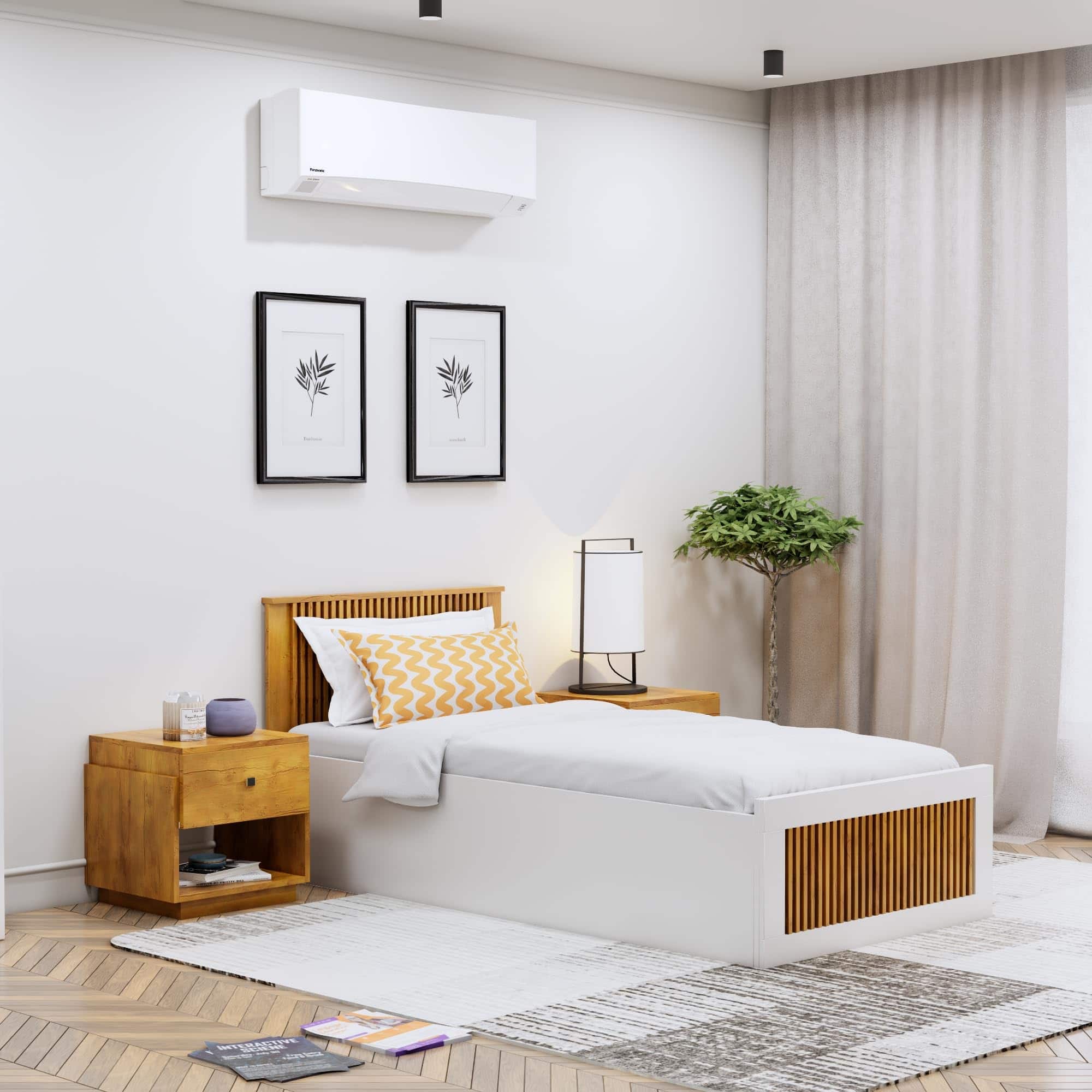 Hexa Engineered Wood Modern Single Bed With Headboard With Storage In Frosty White And Giant Wood - HexaRed