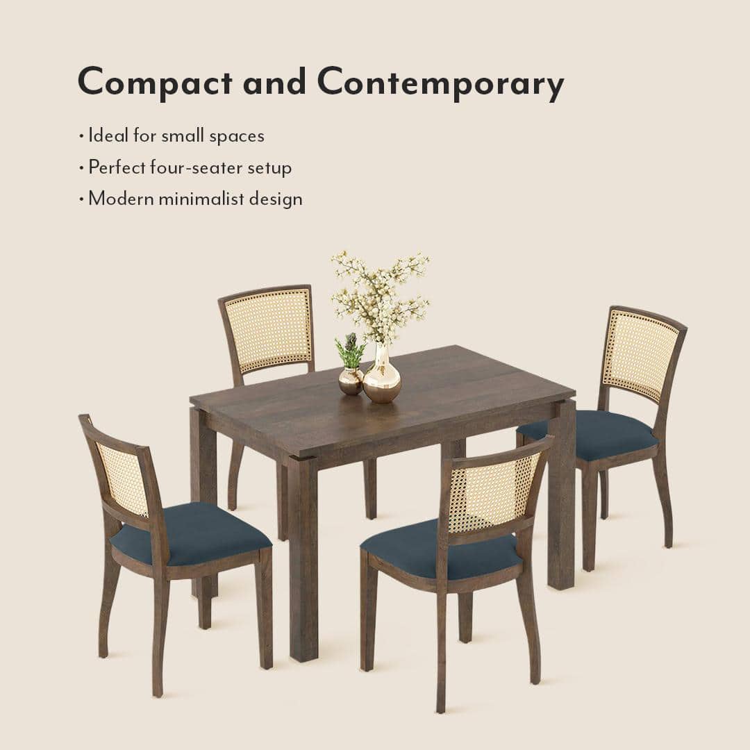 Atlas Solid Wood 4 Seater Dining Table In Danish Walnut Finish With Reed Dining Chairs