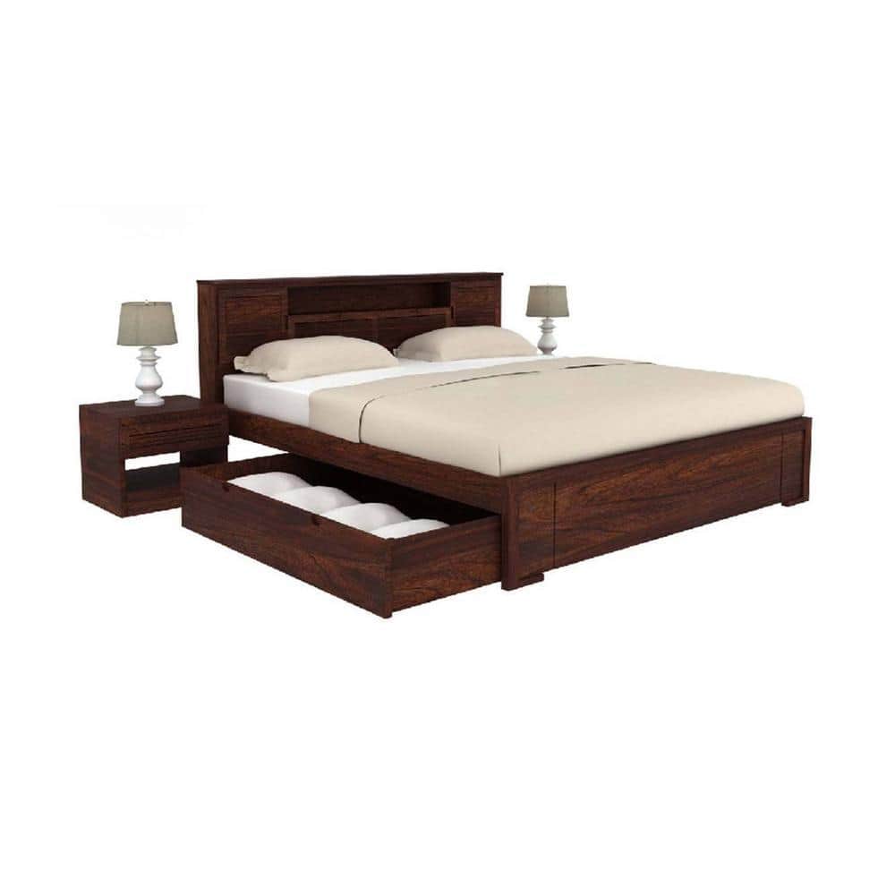 Samana Solid Wood King Storage Bed In Walnut Matte Finish