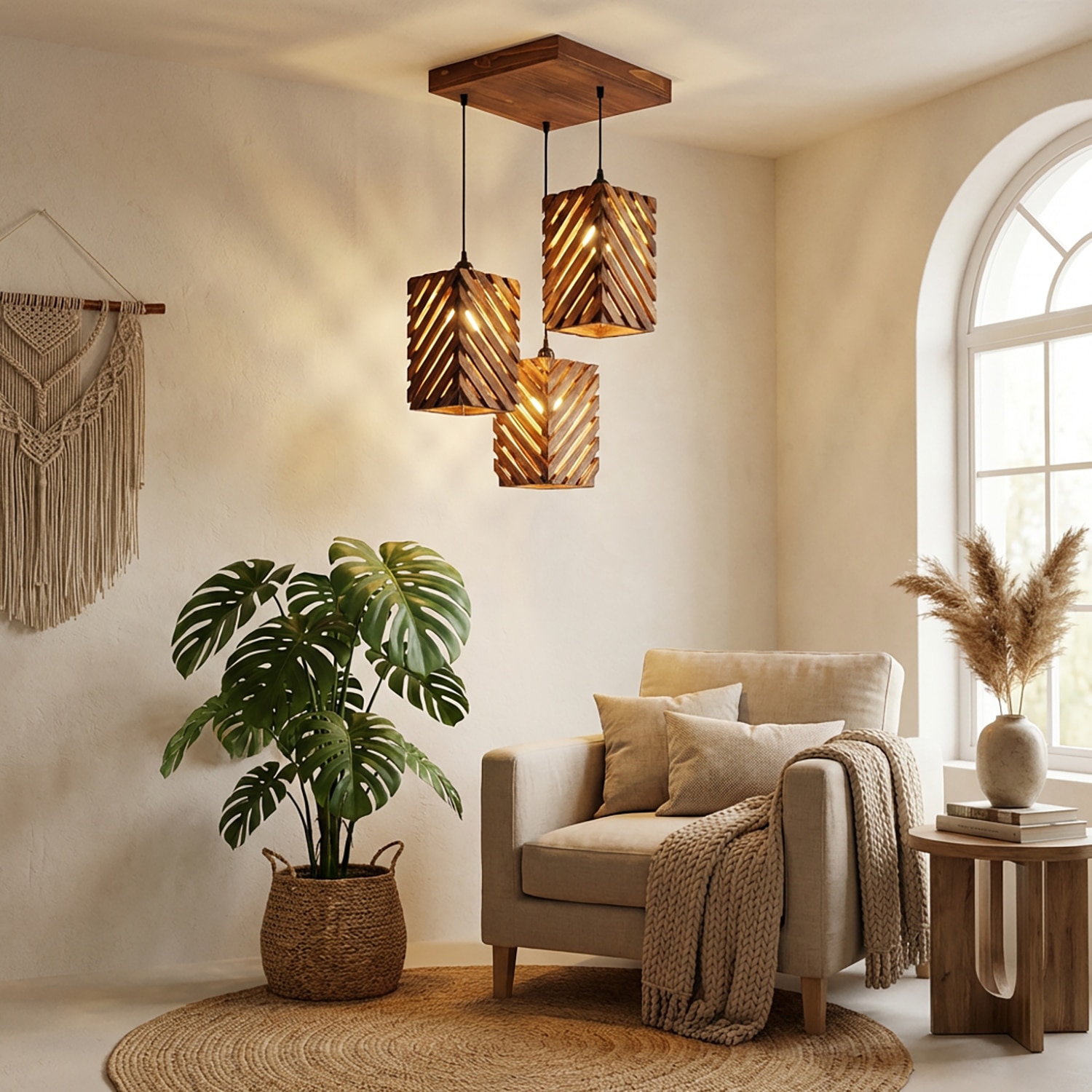Oblique Brown Solid Wood Cluster Hanging Light