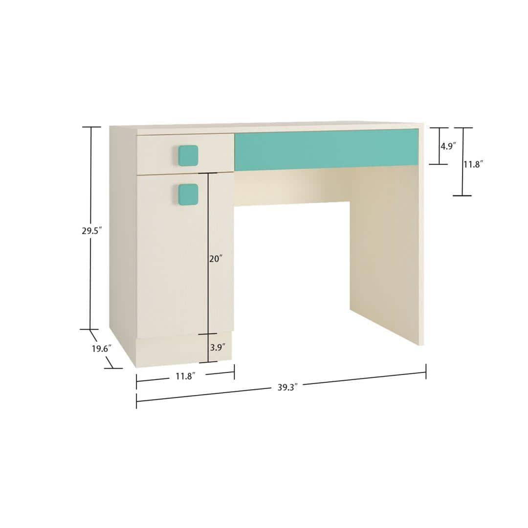 Kristina Kids Study Desk with Shuttered Cabinet and 2 Drawers in Light Wood Misty Turquoise Colour