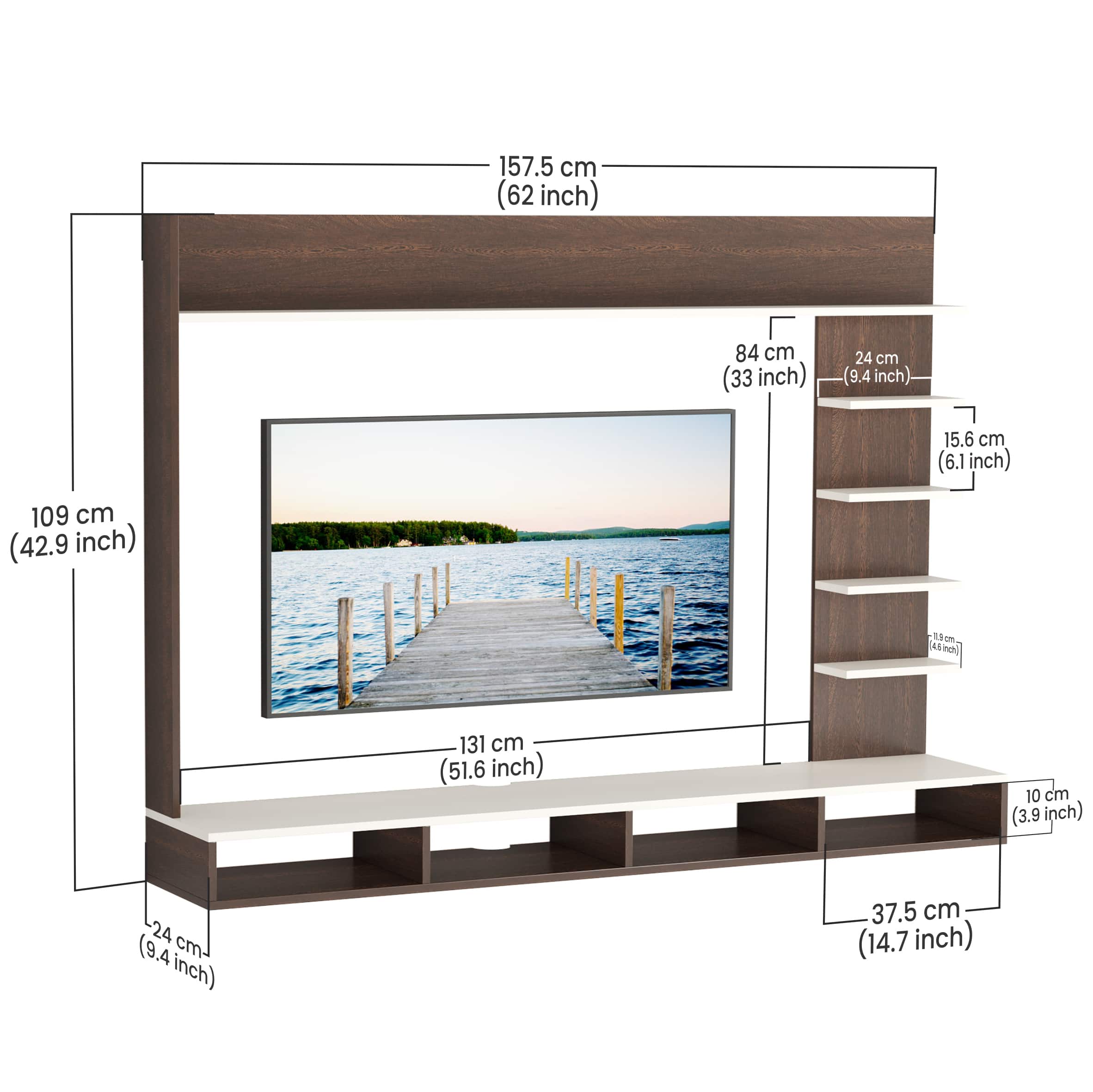 BLUEWUD Primax Grande Large Engineering Wood Wall Mount TV Entertainment Unit Set Top Box Stand/TV Cabinet Panel with Shelves for Books & D�cor Display Unit, Ideal for 50� (Wenge & White)