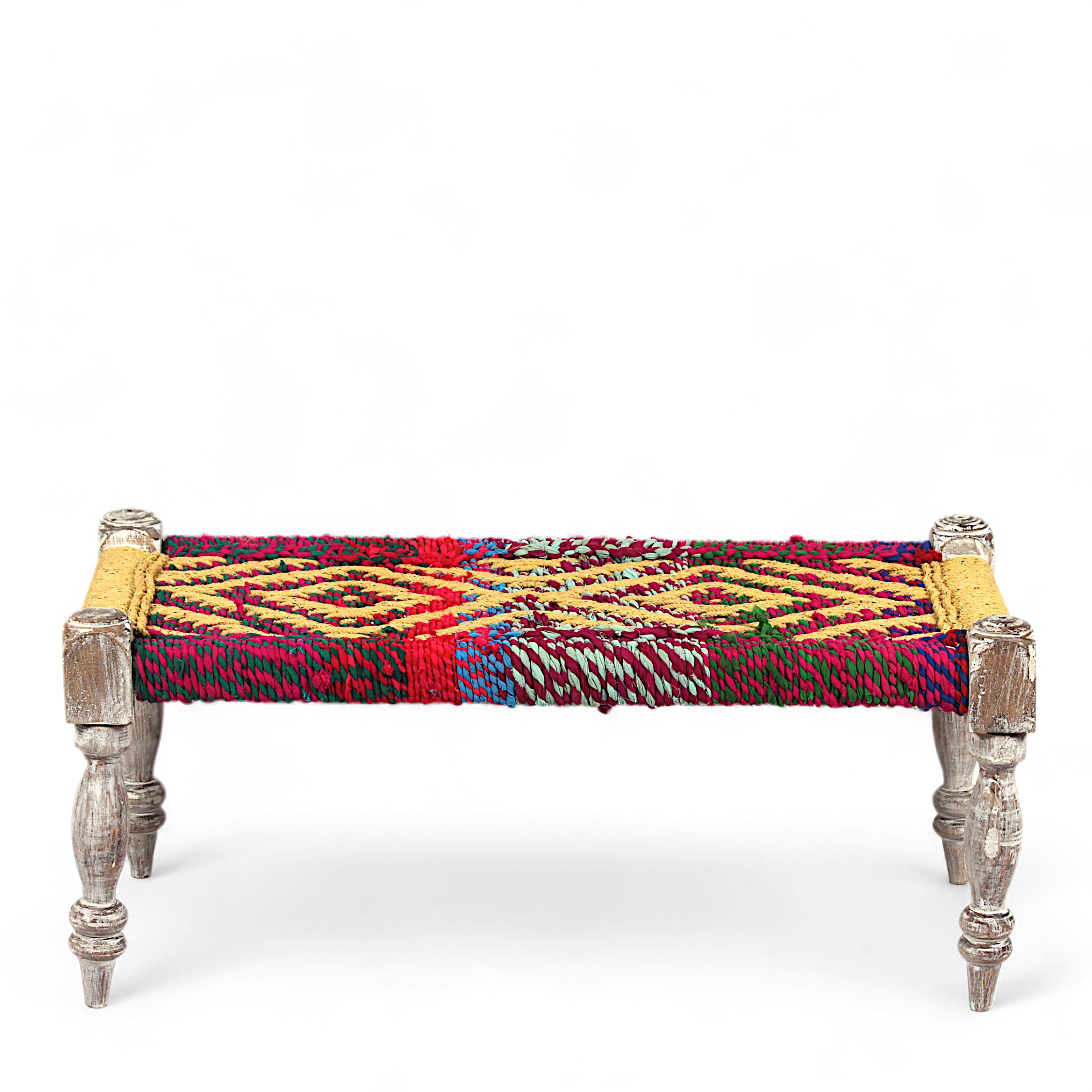 Oakville Sheesham Wood 2 Seater Maachi Bench In Assorted Multi-Colour Chindi & Yellow Rope Canning
