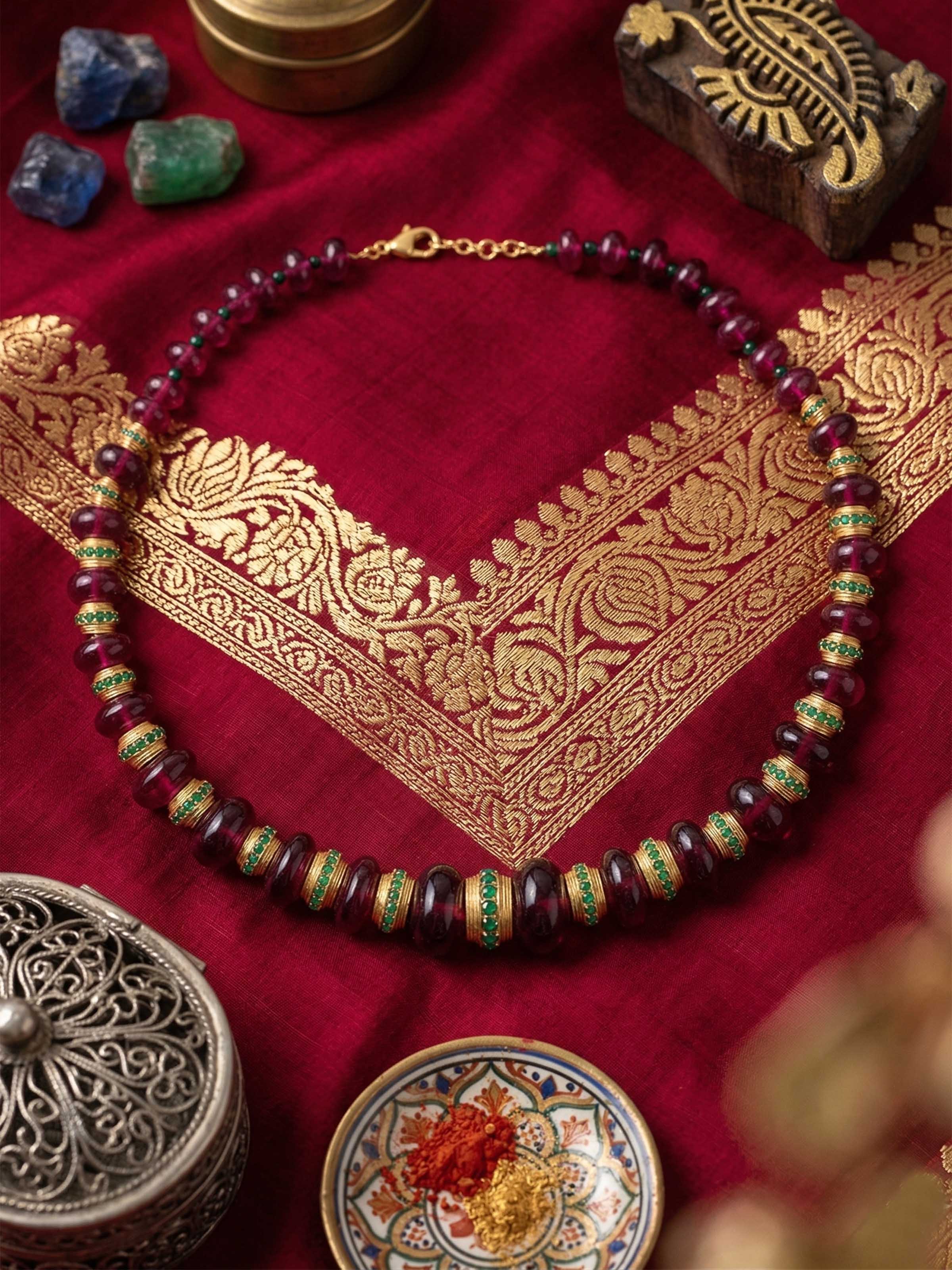 lifestyle view of silver smithing pure gold plated necklace