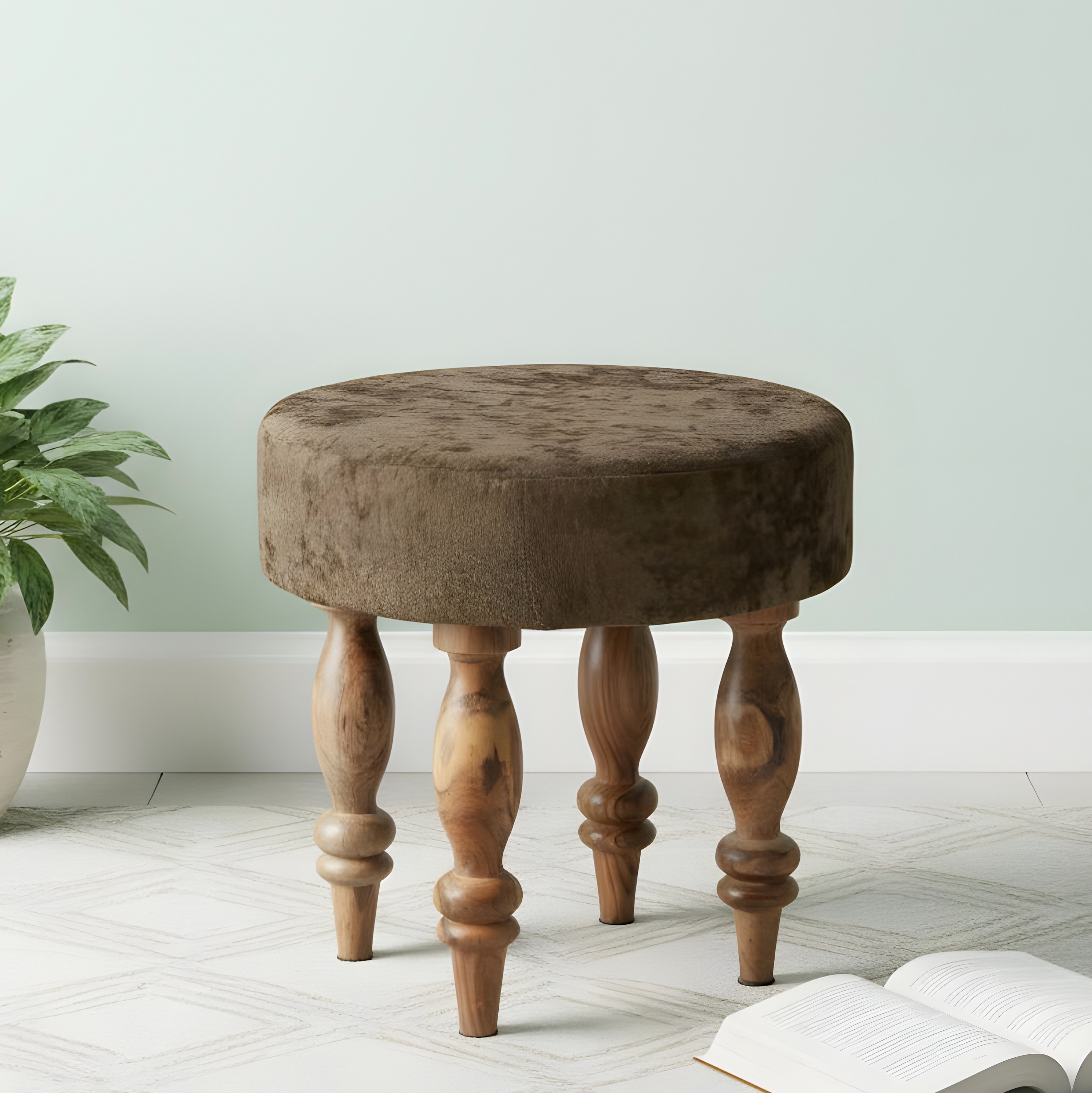 Roswell Sheesham Wood   Round Stool in Green Sparkle Velvet Upholstery - Ikiriya