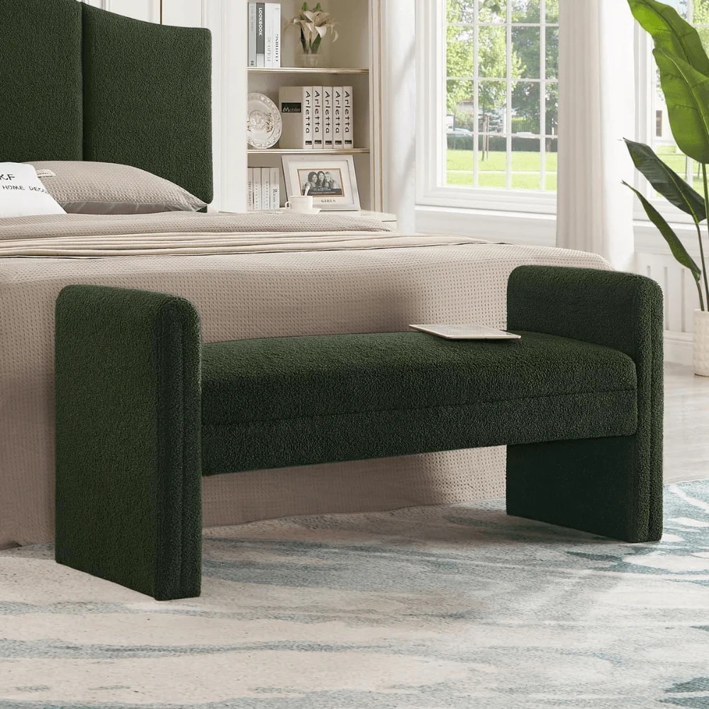 Wooden Twist Soft Hropzy Boucle Upholstered Armrest Ottoman Bench in Green Colour - Wooden Twist