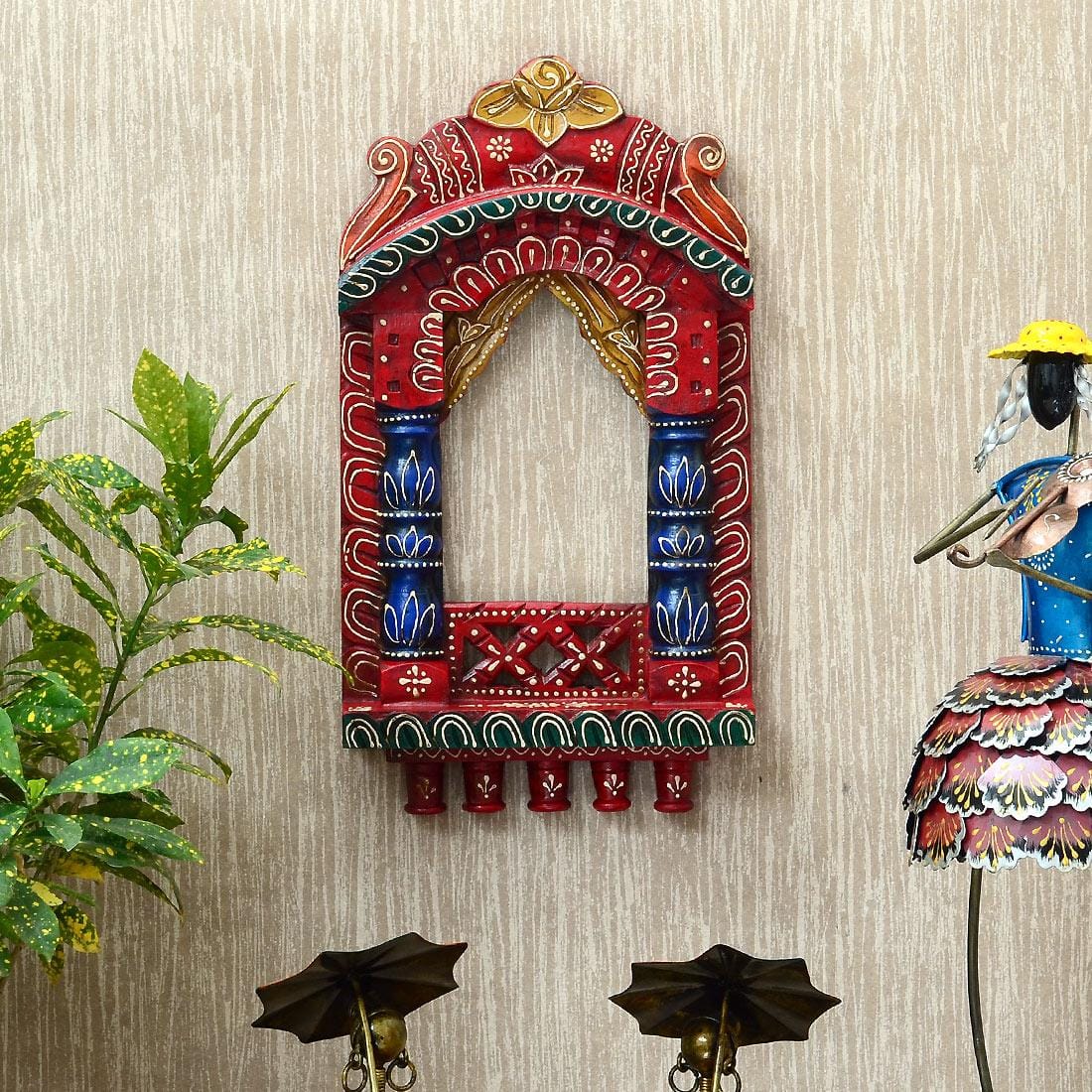Desert Art Wooden Handpainted Red Jharokha Wall Frame 16 Inch - Desert Art