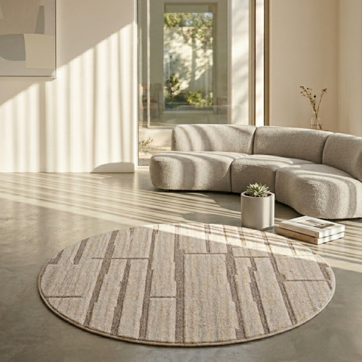 Handmade Round Wool Rug Modern Abstract Beige 10 Feet Carpet - NEU LOOMS