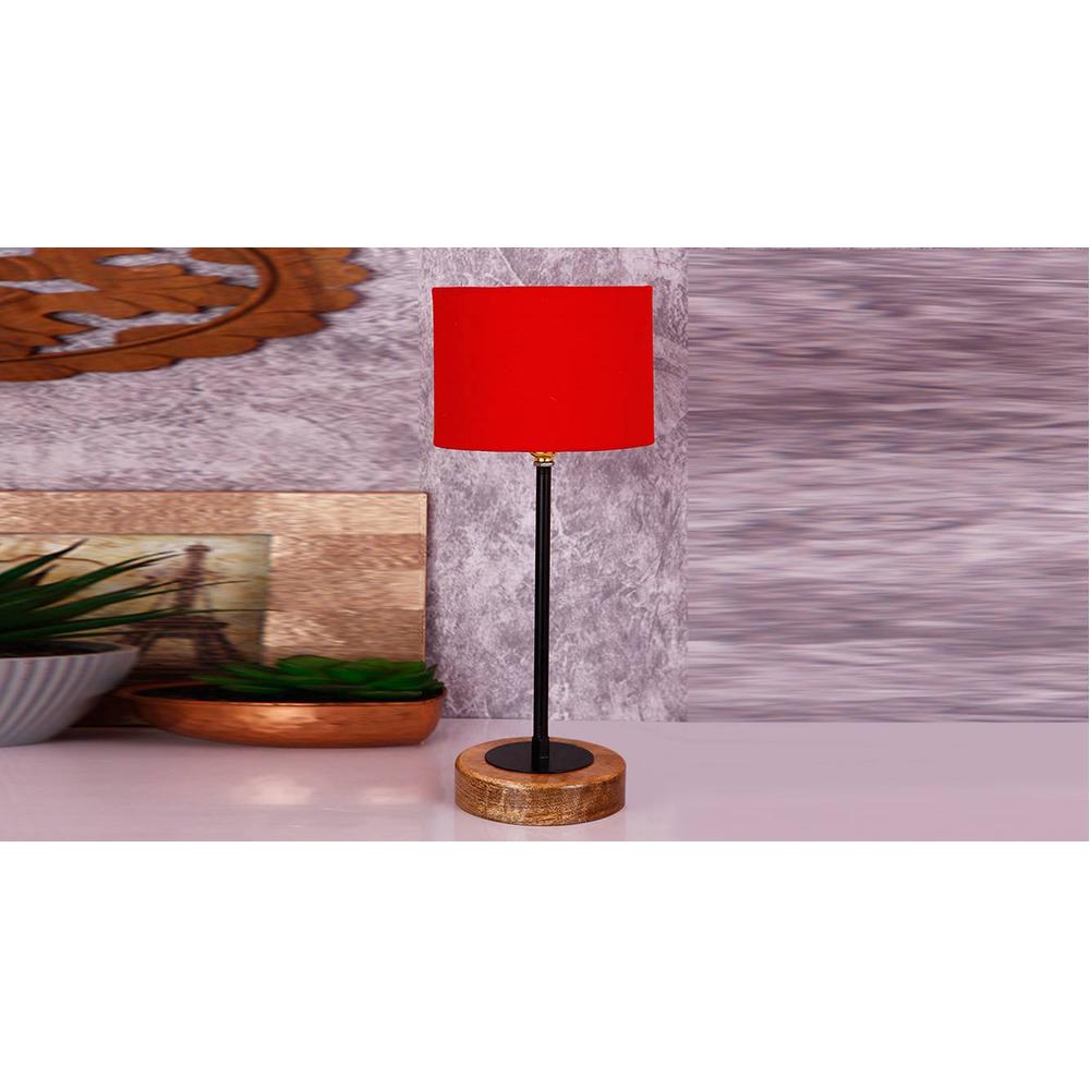 Rene Red Fabric Shade Table Lamp with Natural Wood & Iron Base