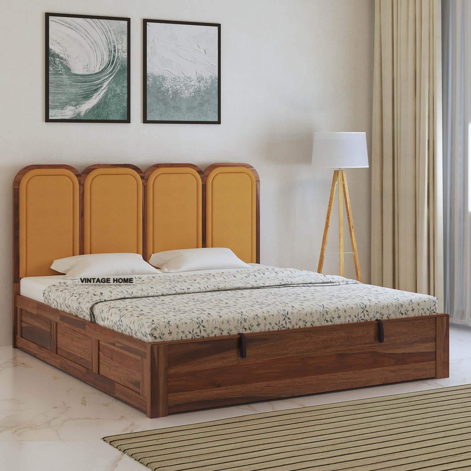 Aaram Sheesham Wood Queen Size Bed With Hydraulic Storage in Provincial Teak Finish