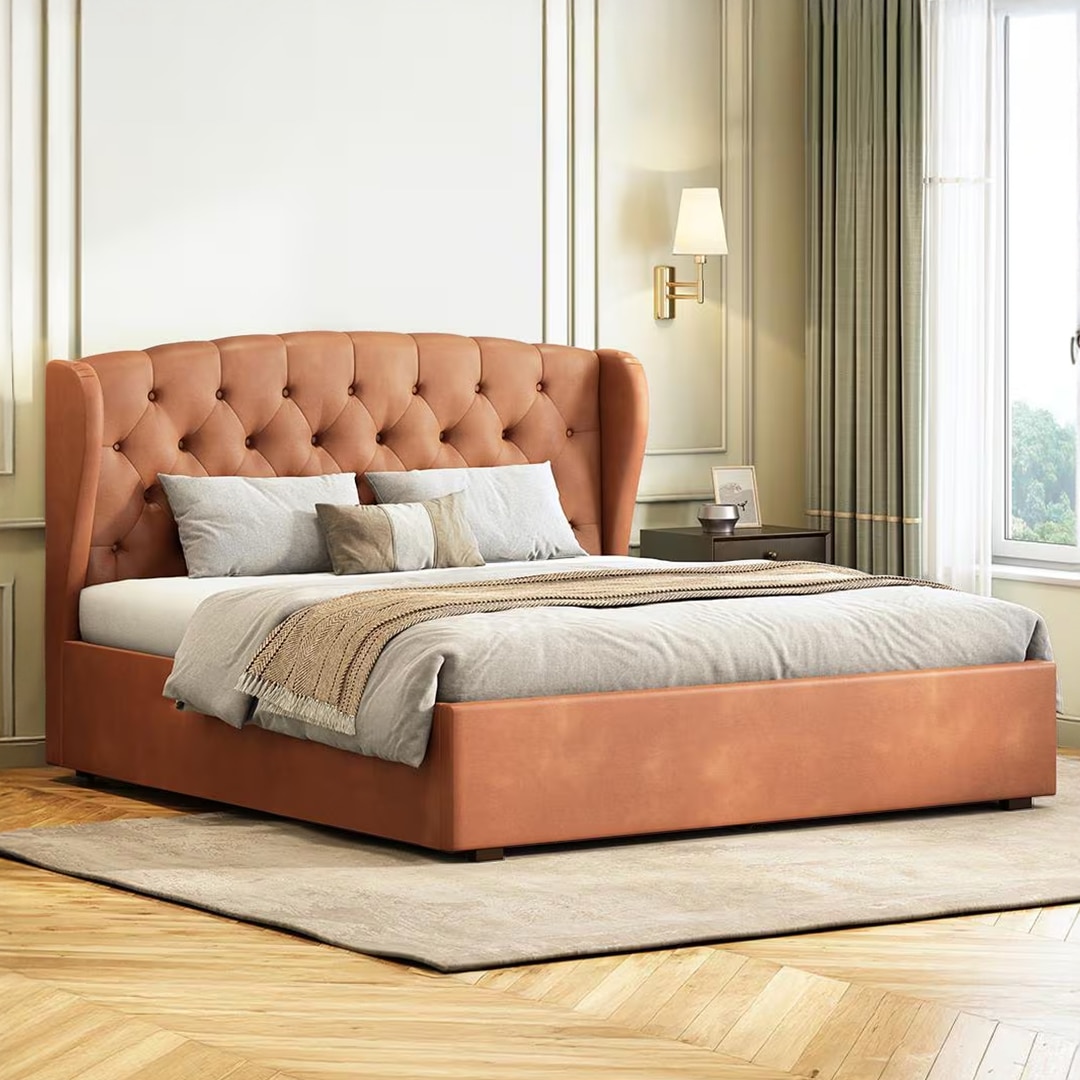 Holmebrook Upholstered Storage Bed In Hydraulic in Queen Size with Tan Leatherette Colour