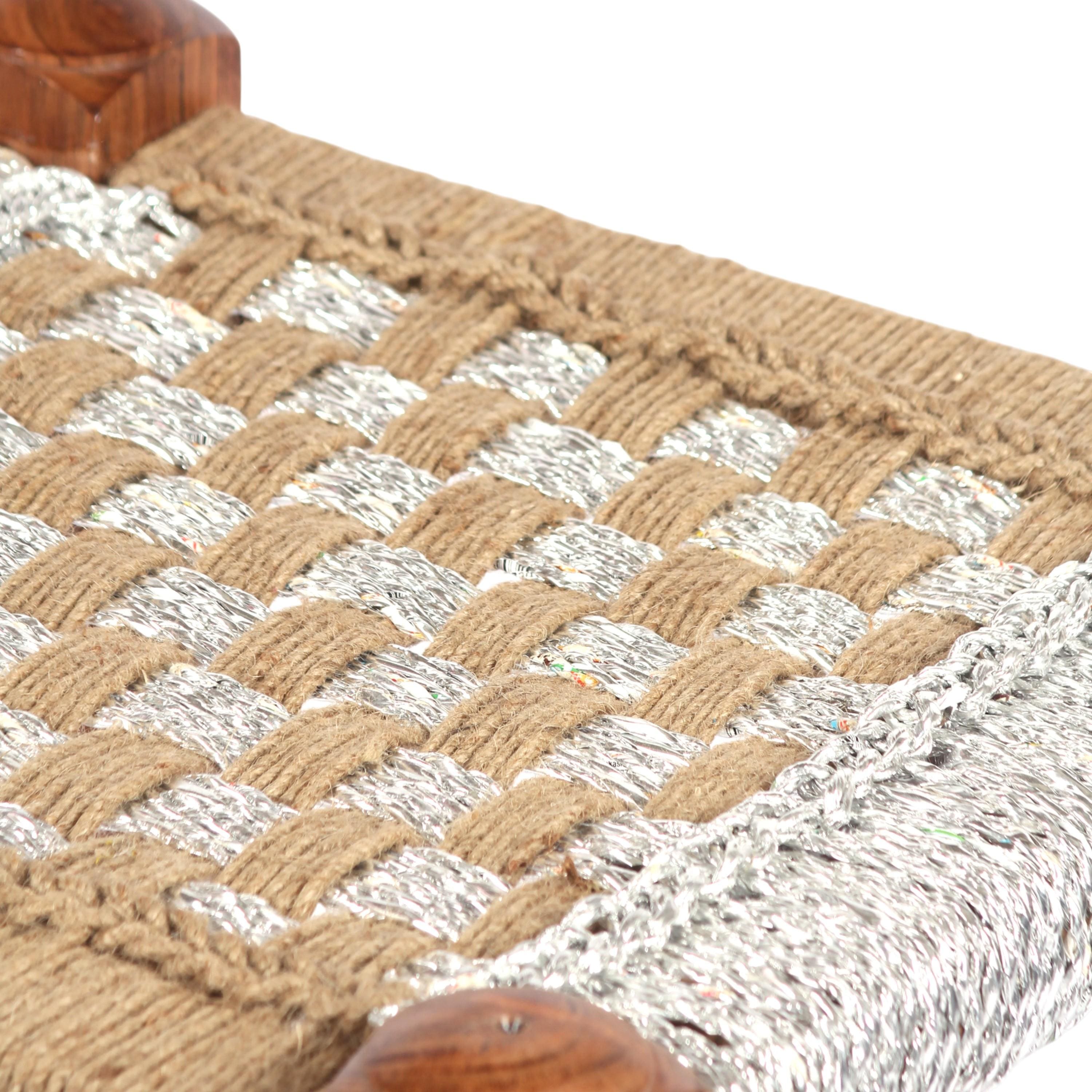 Riaza Sheesham Wood Maachi Stool in Natural Jute & Silver Rope Canning