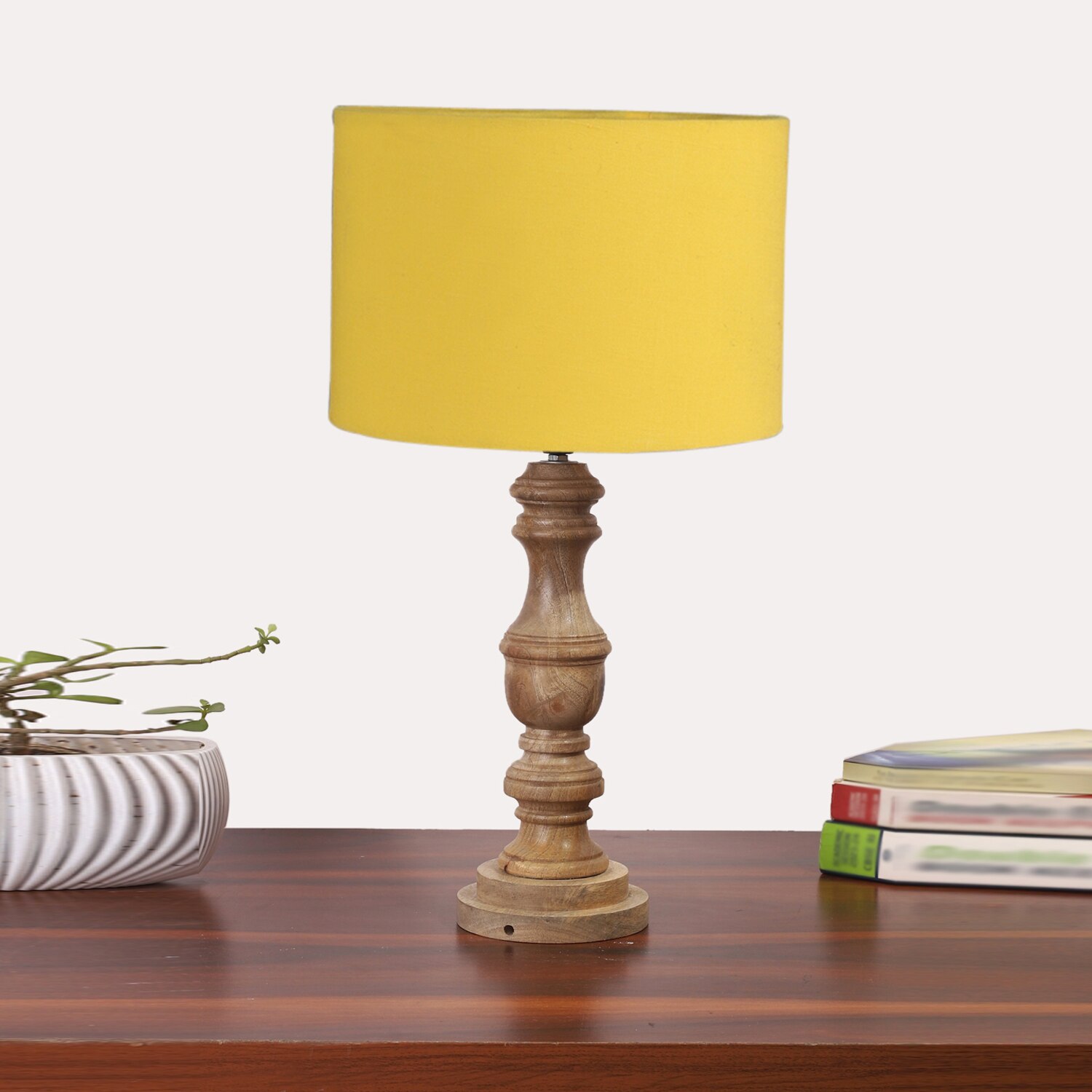 Devansh Yellow Cotton Table Lamp With Wood Natural Base (7X17.5 Inches)-6
