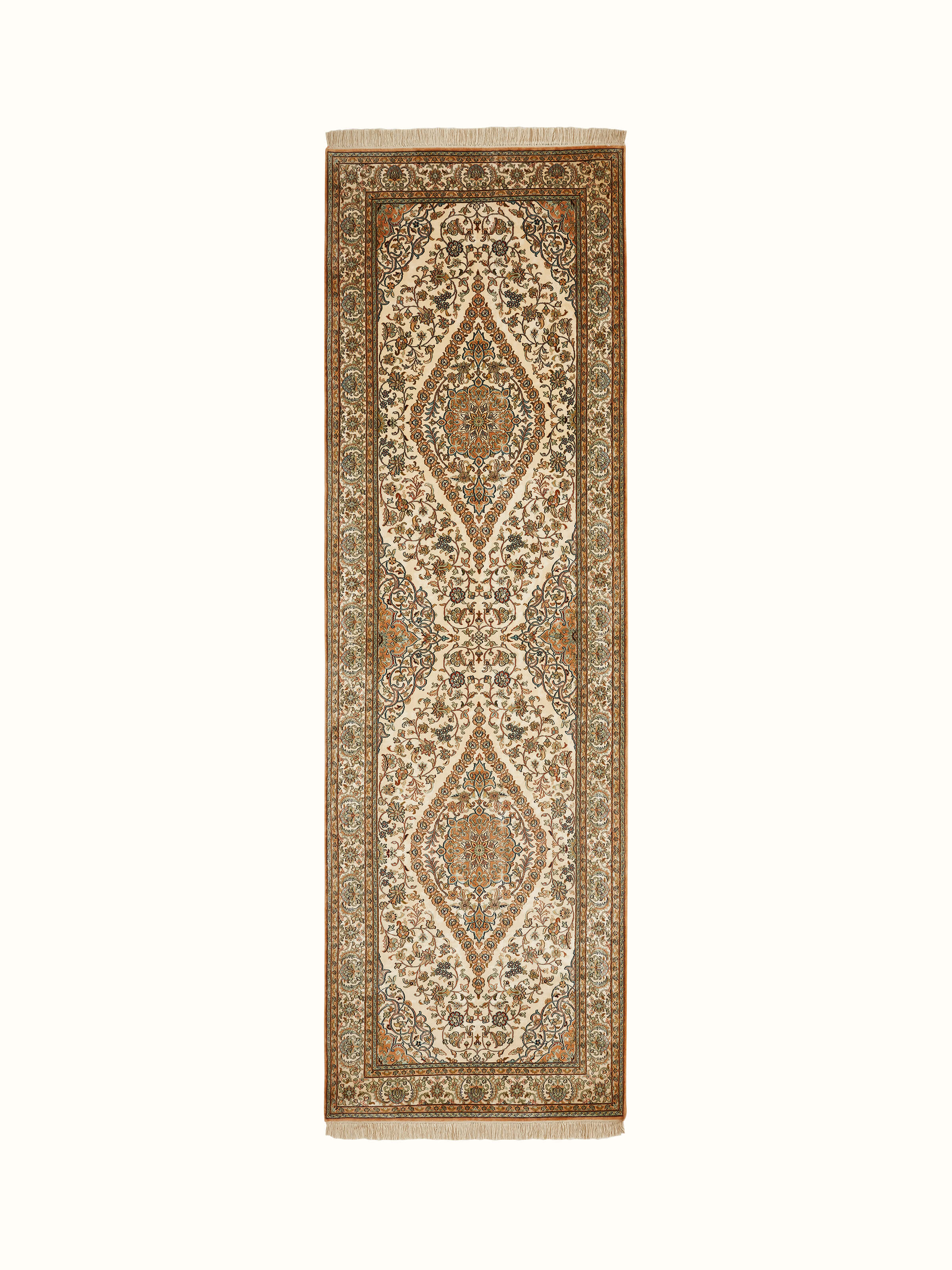 Traditional Persian Ivory Sadakdar Kashmir Silk Hand-knotted Runner