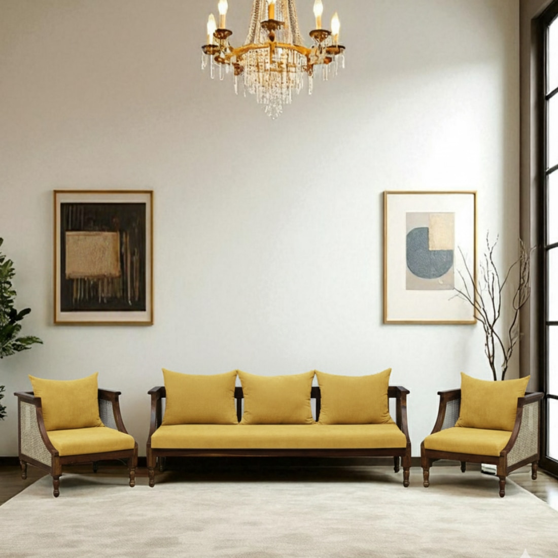 Heston 3+1+1 Seater Wooden Sofa in Yellow Fabric