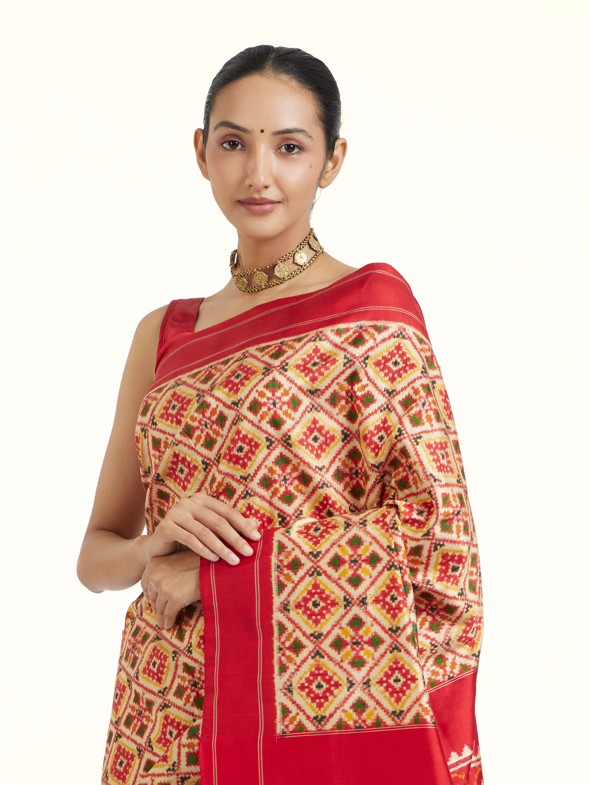 Cream Pochampally Double Ikat Silk Saree