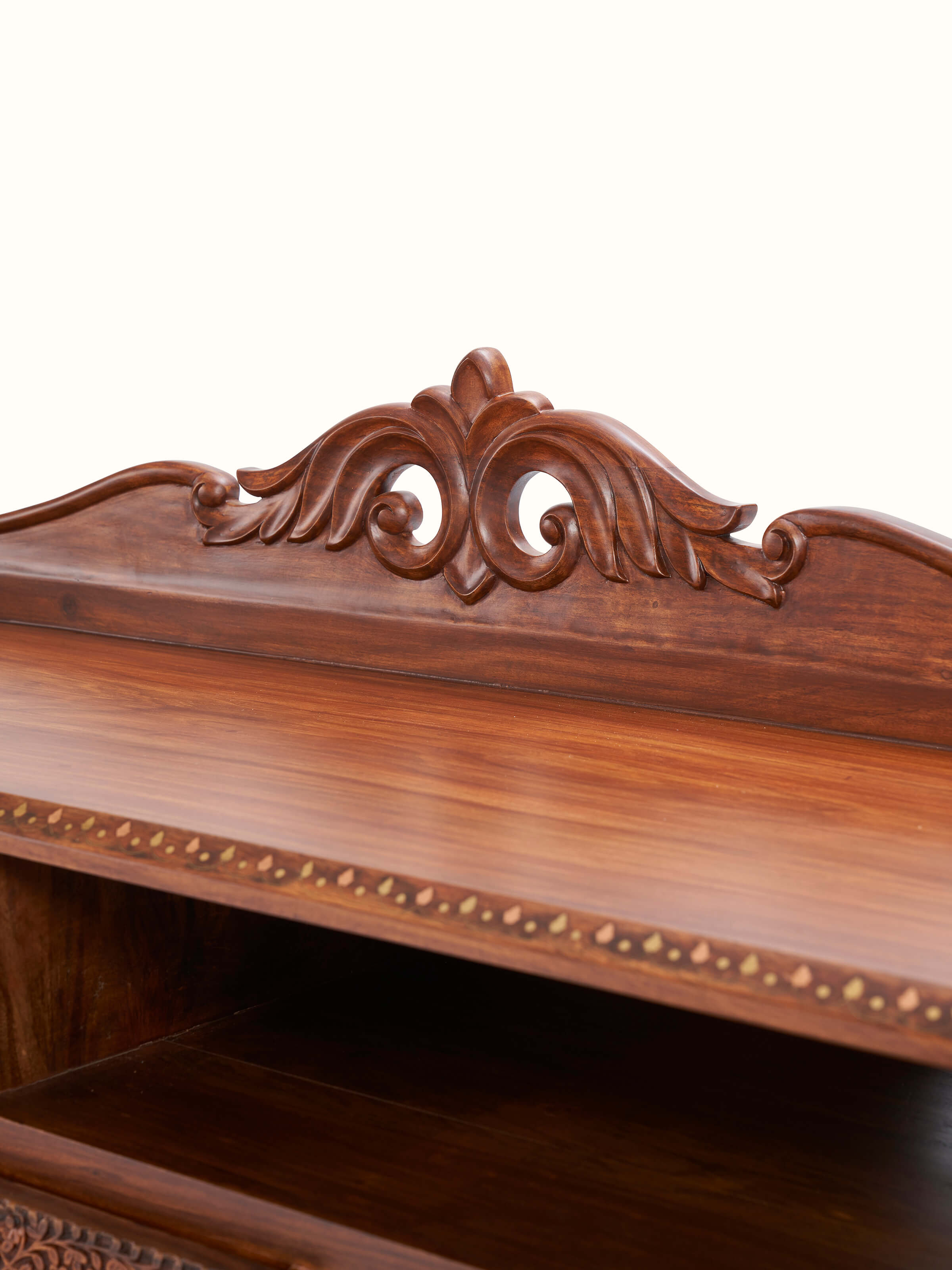 Side view of Carved Sheesham Wood Entertainment Unit, showcasing its beautiful carved detailing and sturdy construction.