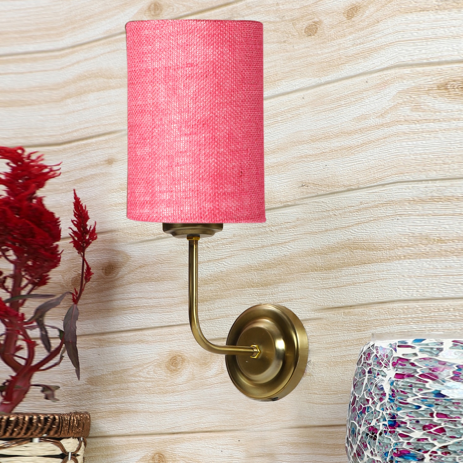 Devansh Metal Electric Wall Light in Gold Colour with Pink Shade Count of 1 Light - Devansh