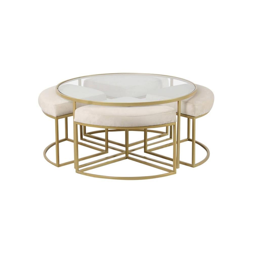 Benton Nesting Clear Glass Coffee Table Set With 4 Stools In Gold Finish