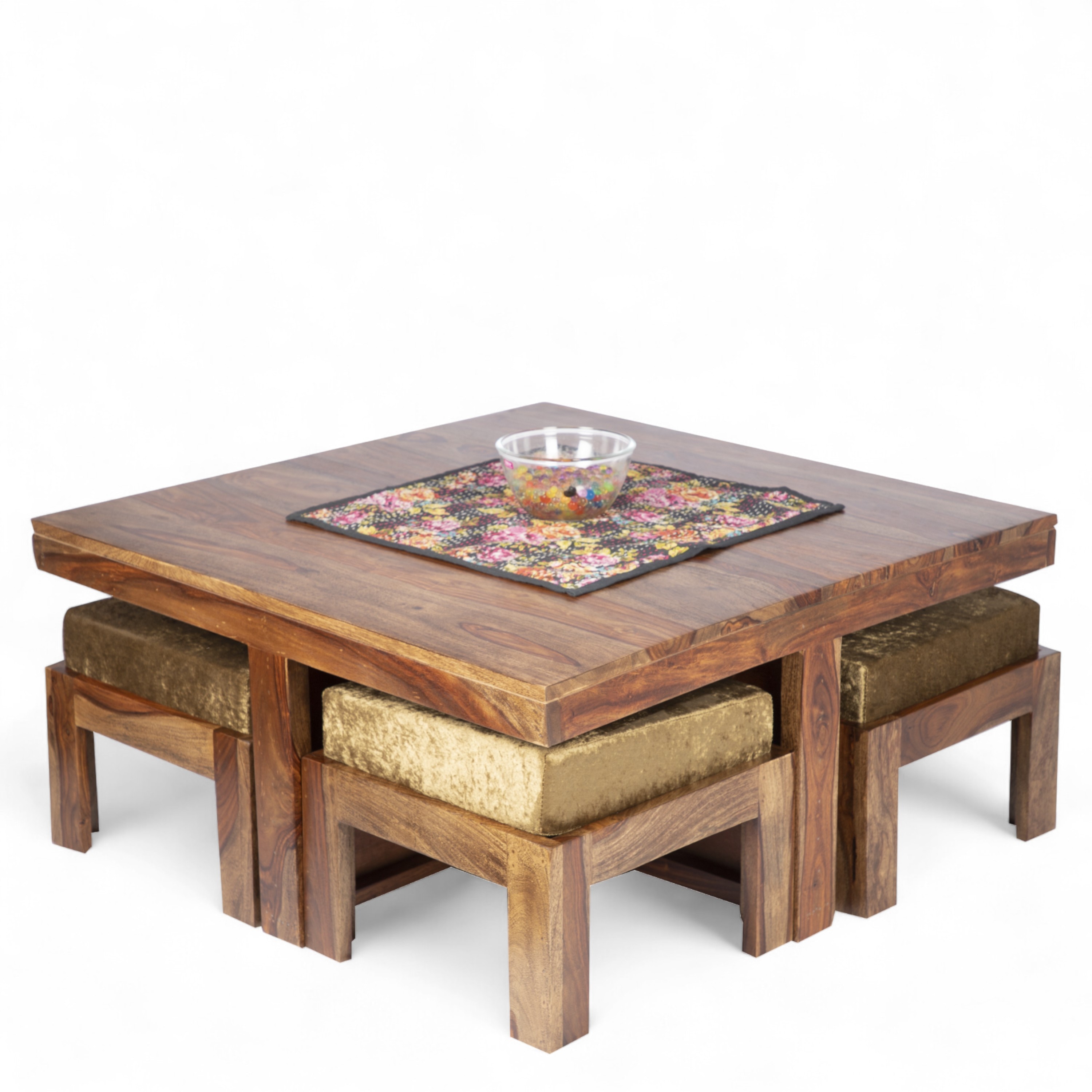 Blane Sheesham Wood 4 Seater Coffee Table Set In Teak Finish
