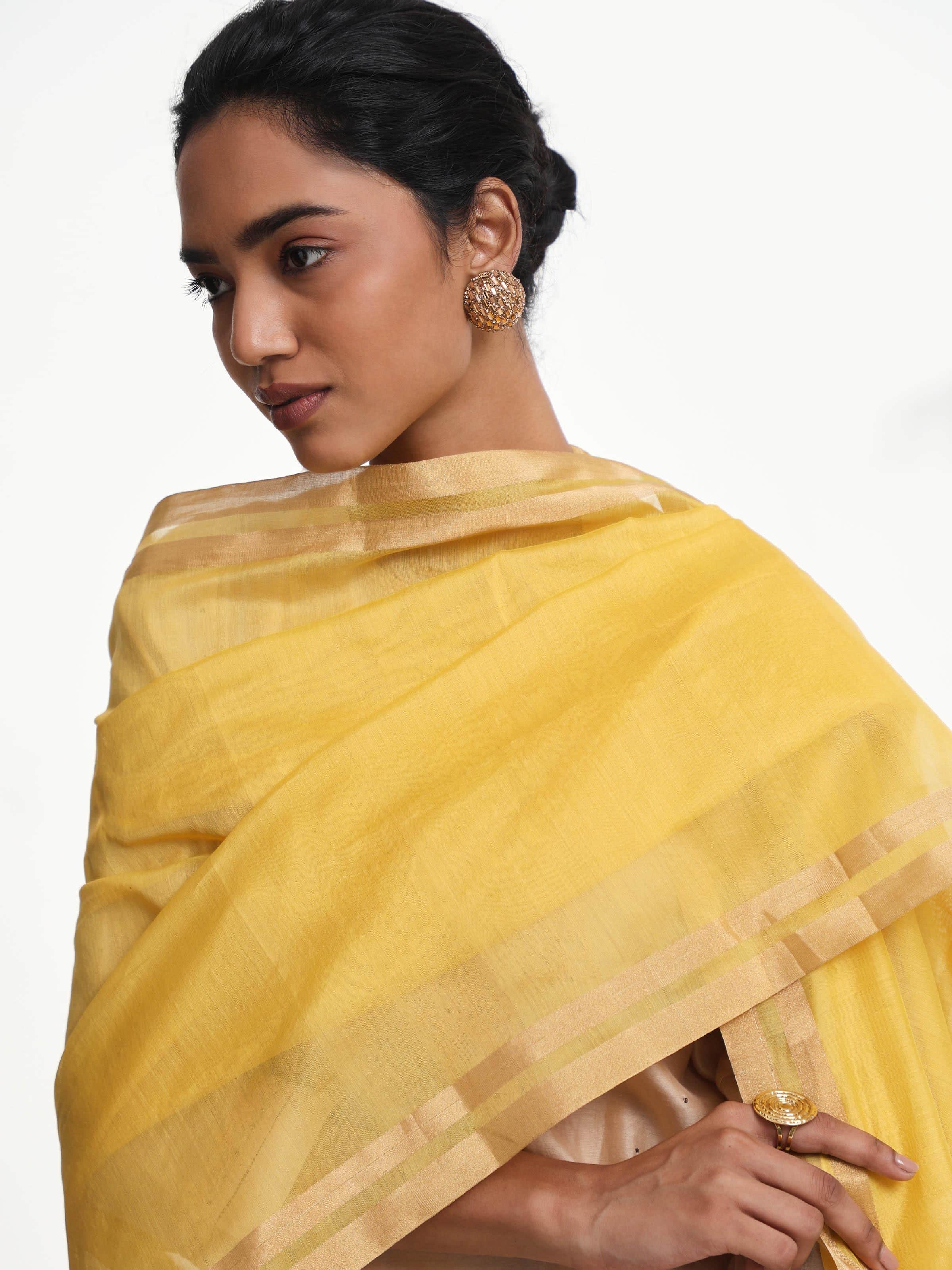 Traditional yellow cotton silk dupatta with zari border - close-up look