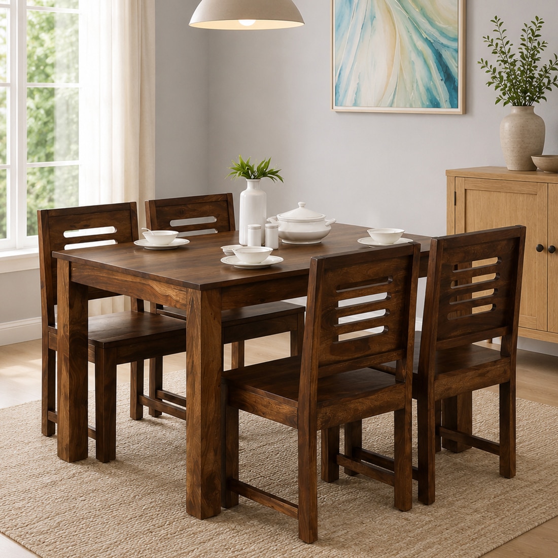 Charlie 4 Seater Dining Set In Teak Finish - Jyoti Impex