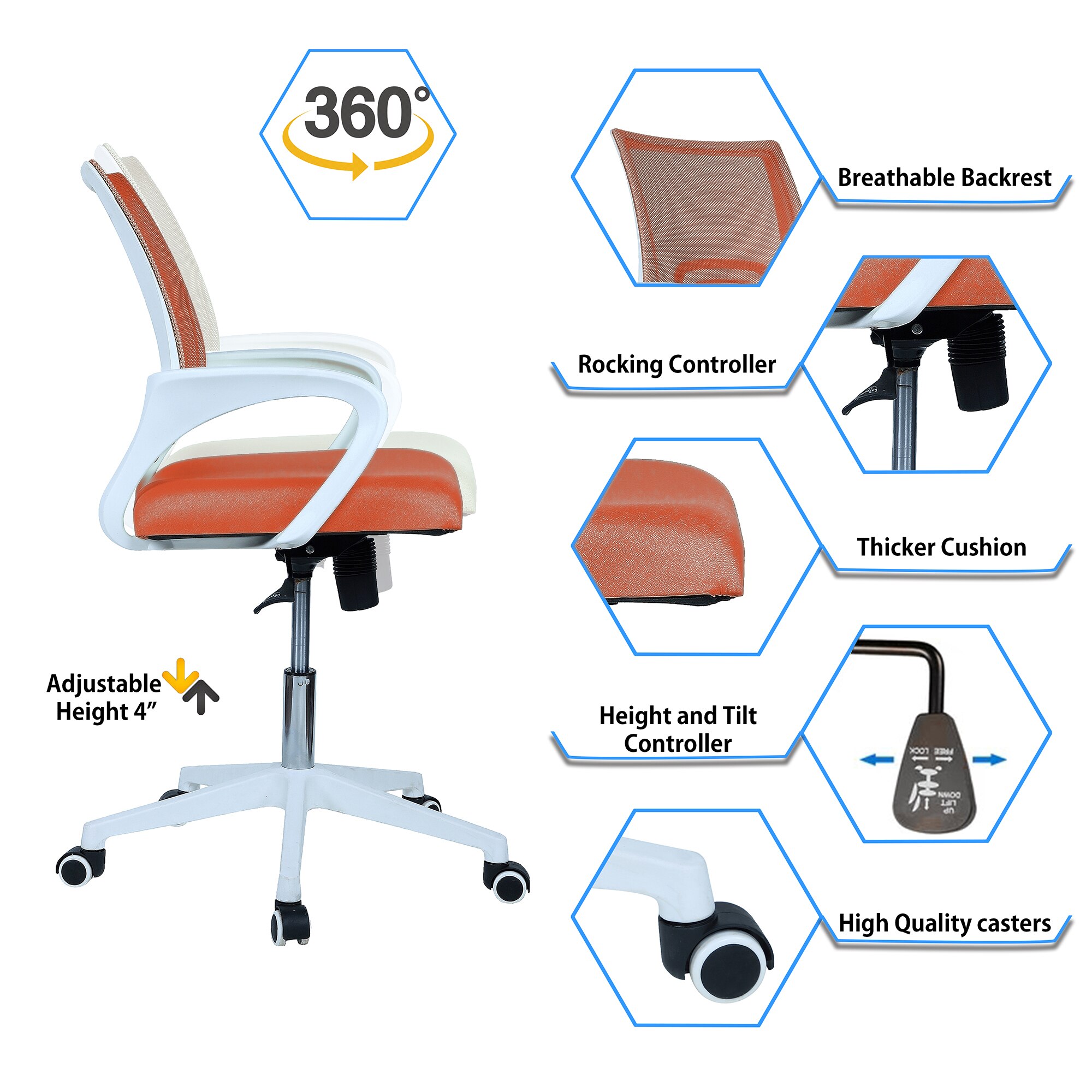 Naamikoa Mid Back Ergonomic Chair in Orange Colour