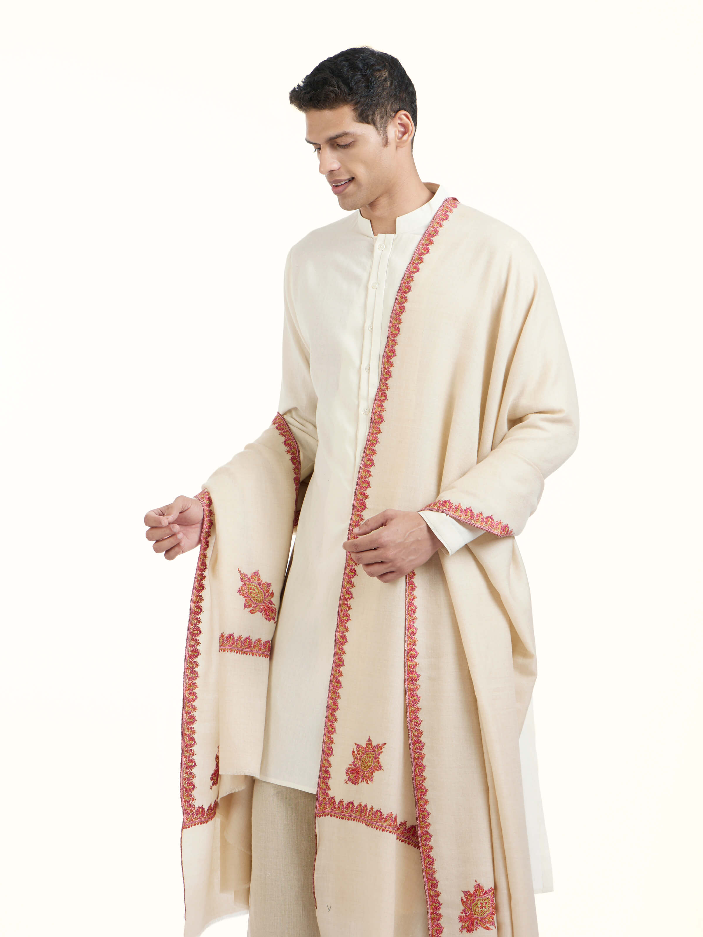 Ivory Sozni Hand Embroidered Shawl