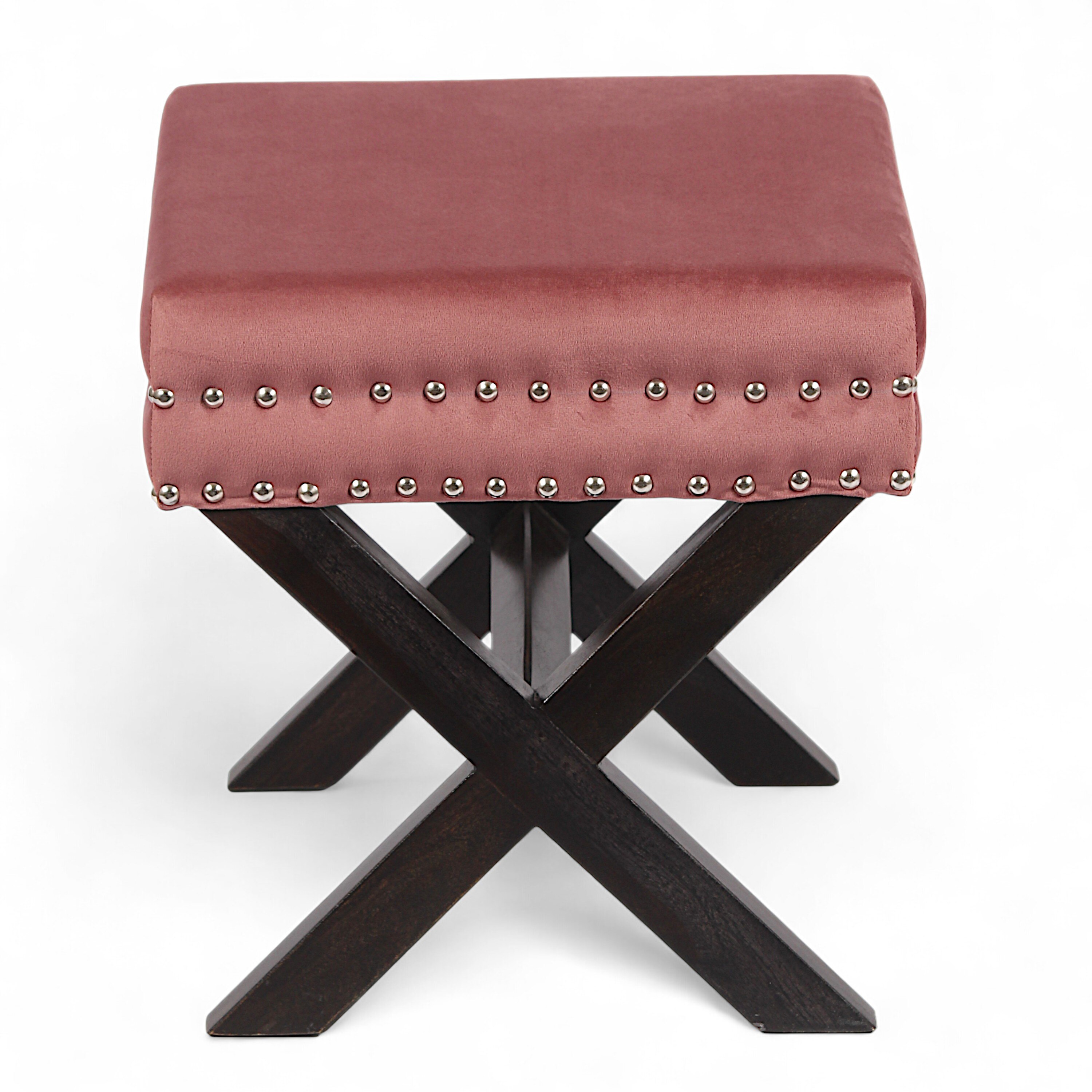 Rosslyn Solid Wood Pouf Stool in Coral Pink Velvet