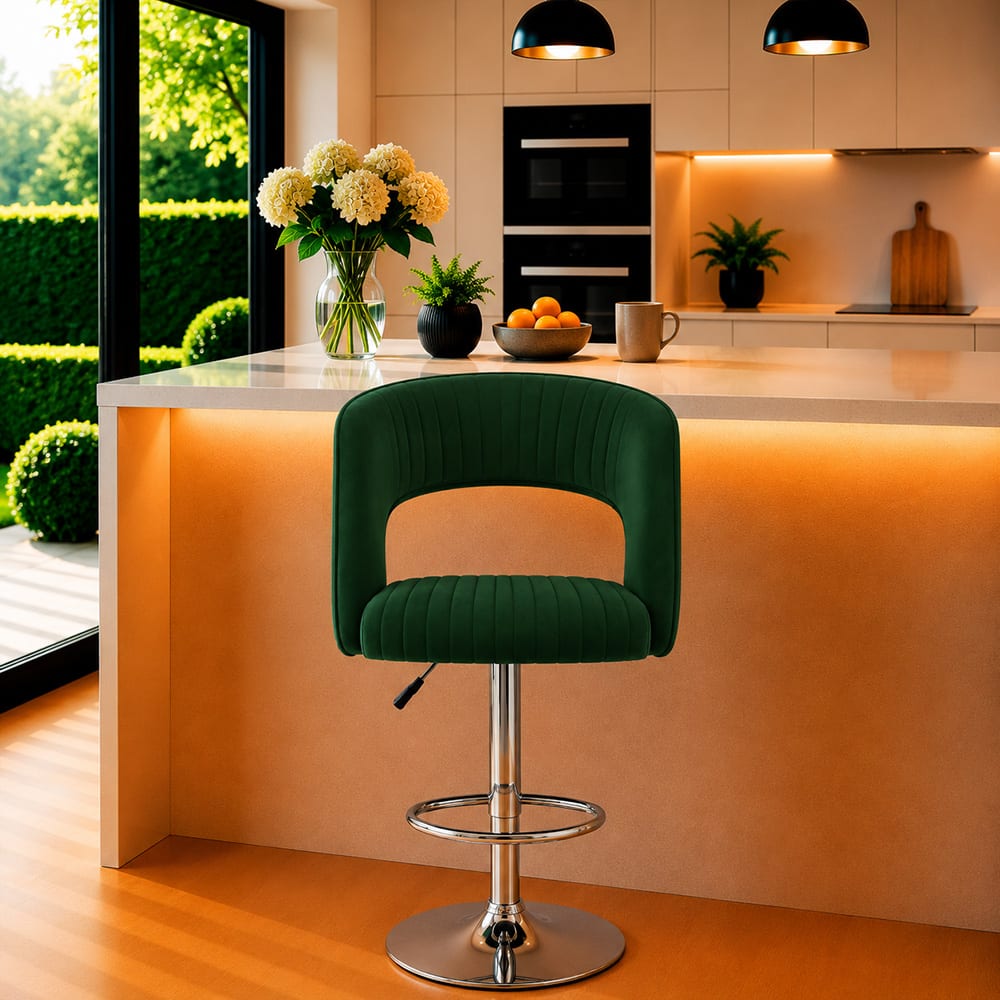 Doe Buck Adjustable Upholstered Bar Stool in Green Colour with Chrome Base - Doe Buck