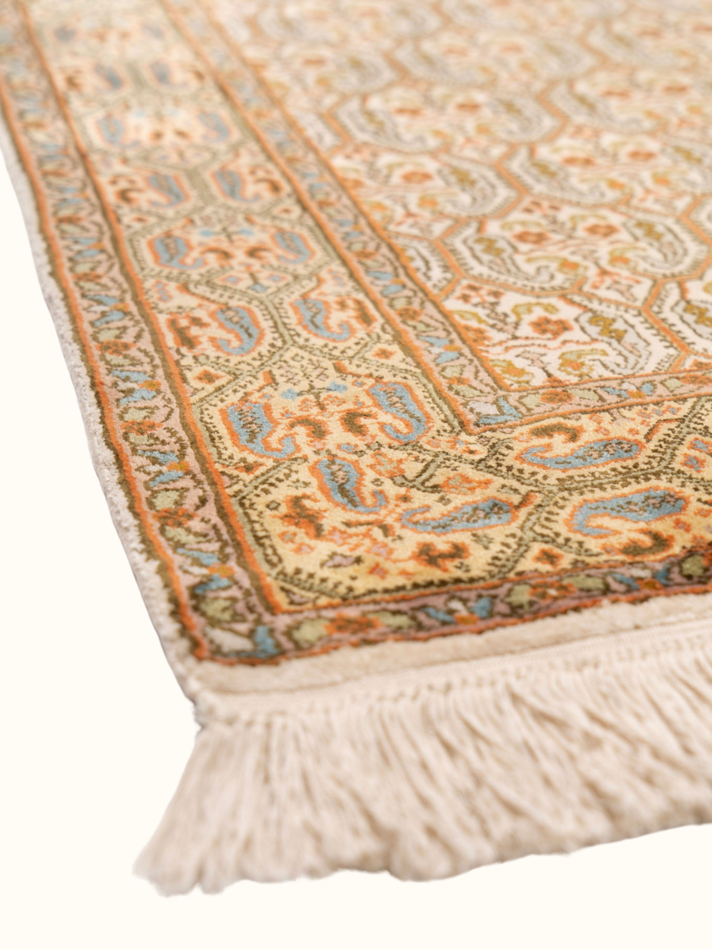 Traditional Persian Ivory Senneh Kashmir Silk Hand-Knotted Carpet