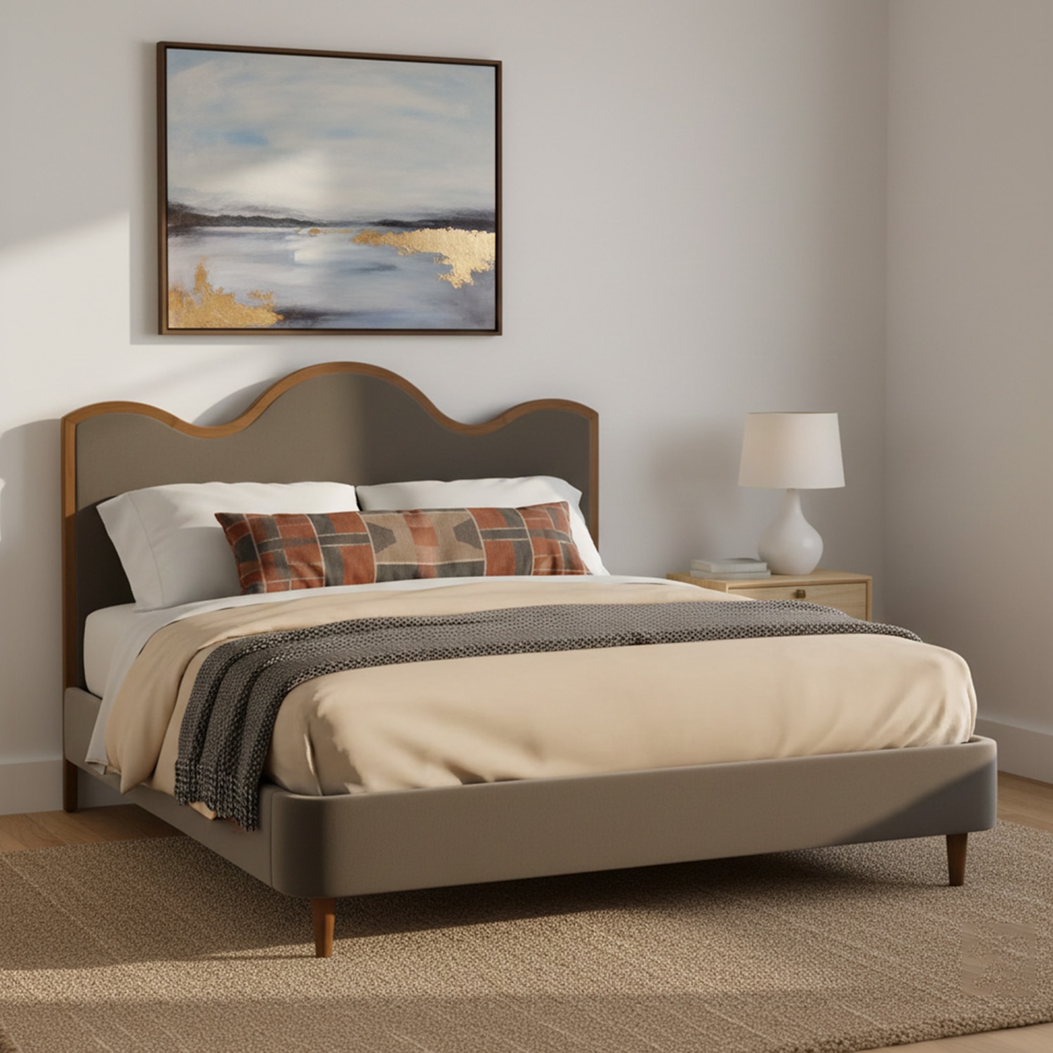 Solara Wave Luxe King Size Bed in velvet With Oak wood Frame & Hydraulic Storage - Nestroots