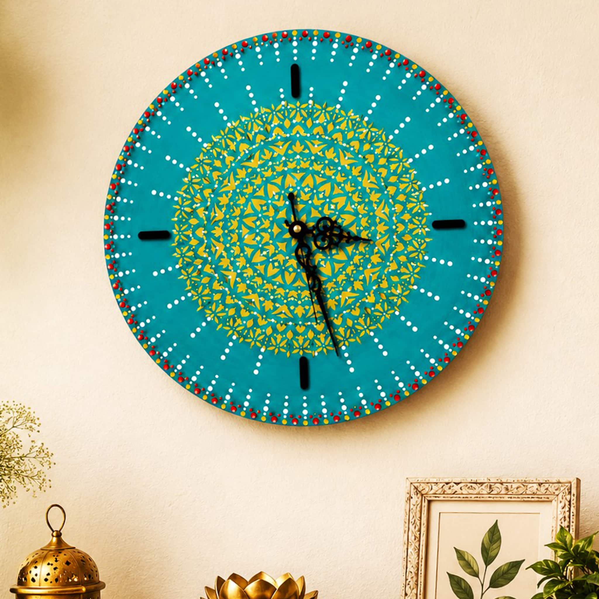Blue Green Solid Wood Mandala Wall Clock By DisooFashions - Disoo Fashions