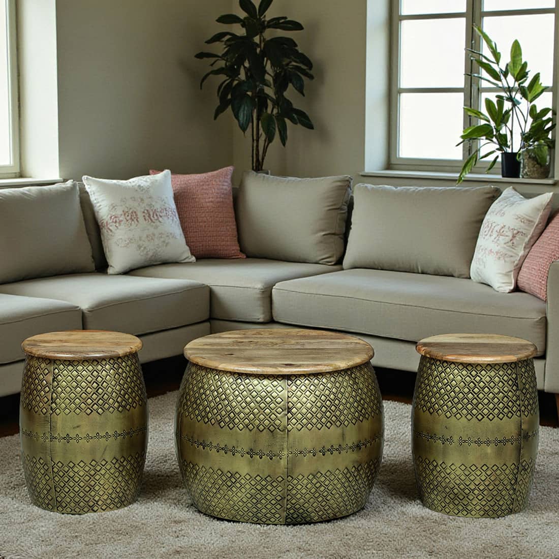 Regal Metal Coffee Table with 2 Stools in Gold Finish Set of 3 - Bhavya Exports
