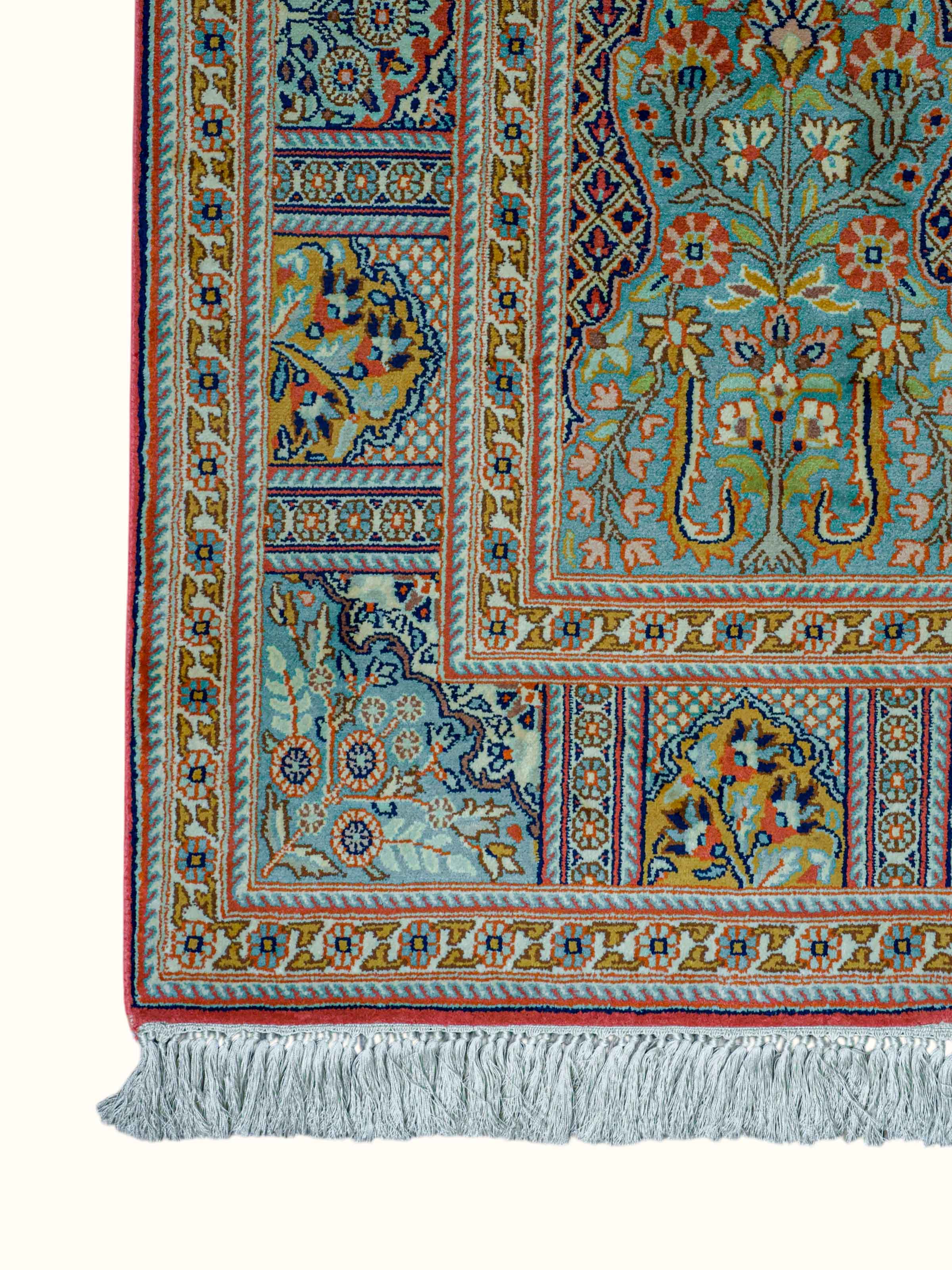 Traditional Persian Rust Ivory Hamadan Kashmir Silk Hand-Knotted Carpet