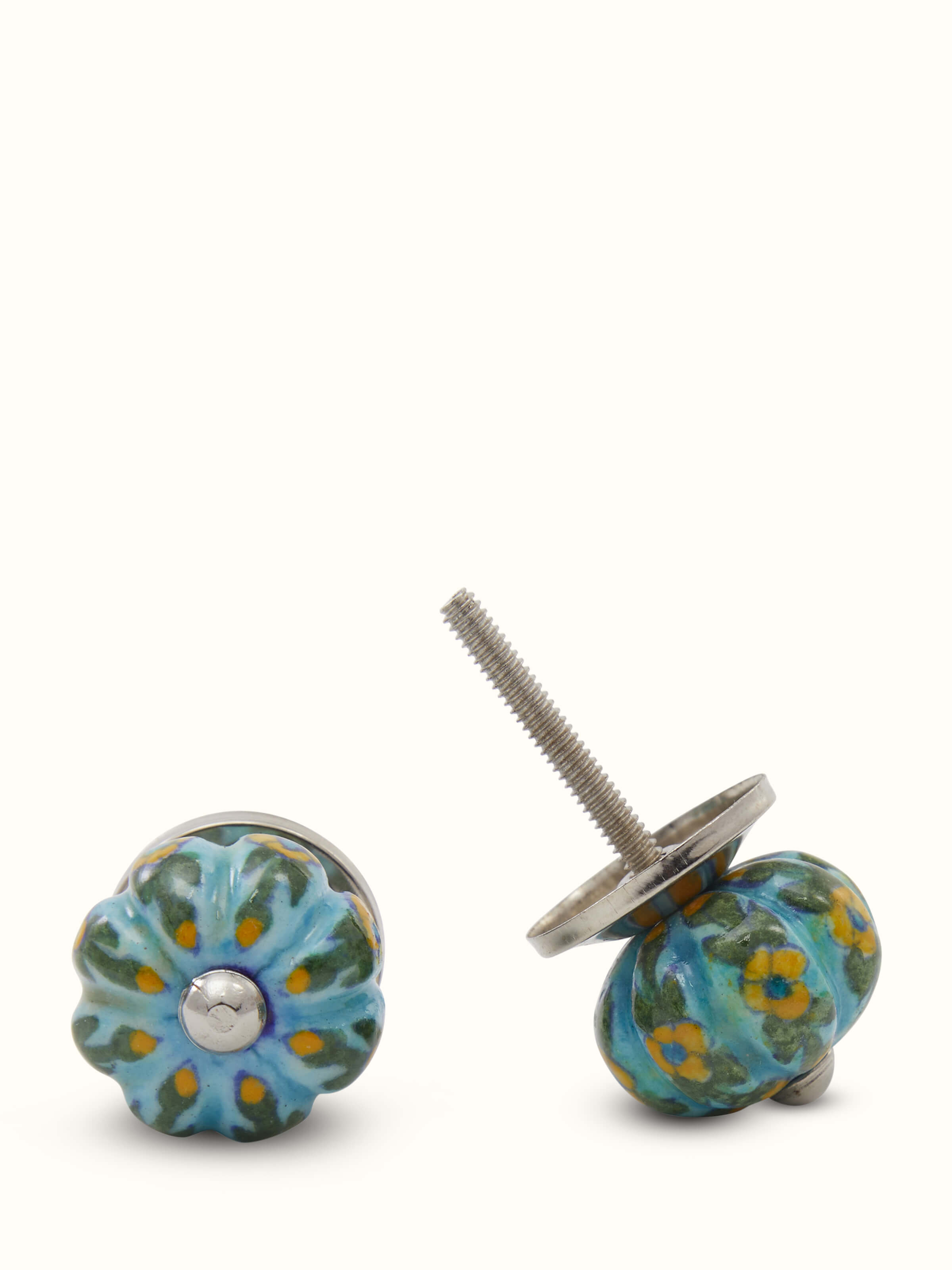 Angled view of blue pottery round rib door knob set showing ribbed texture