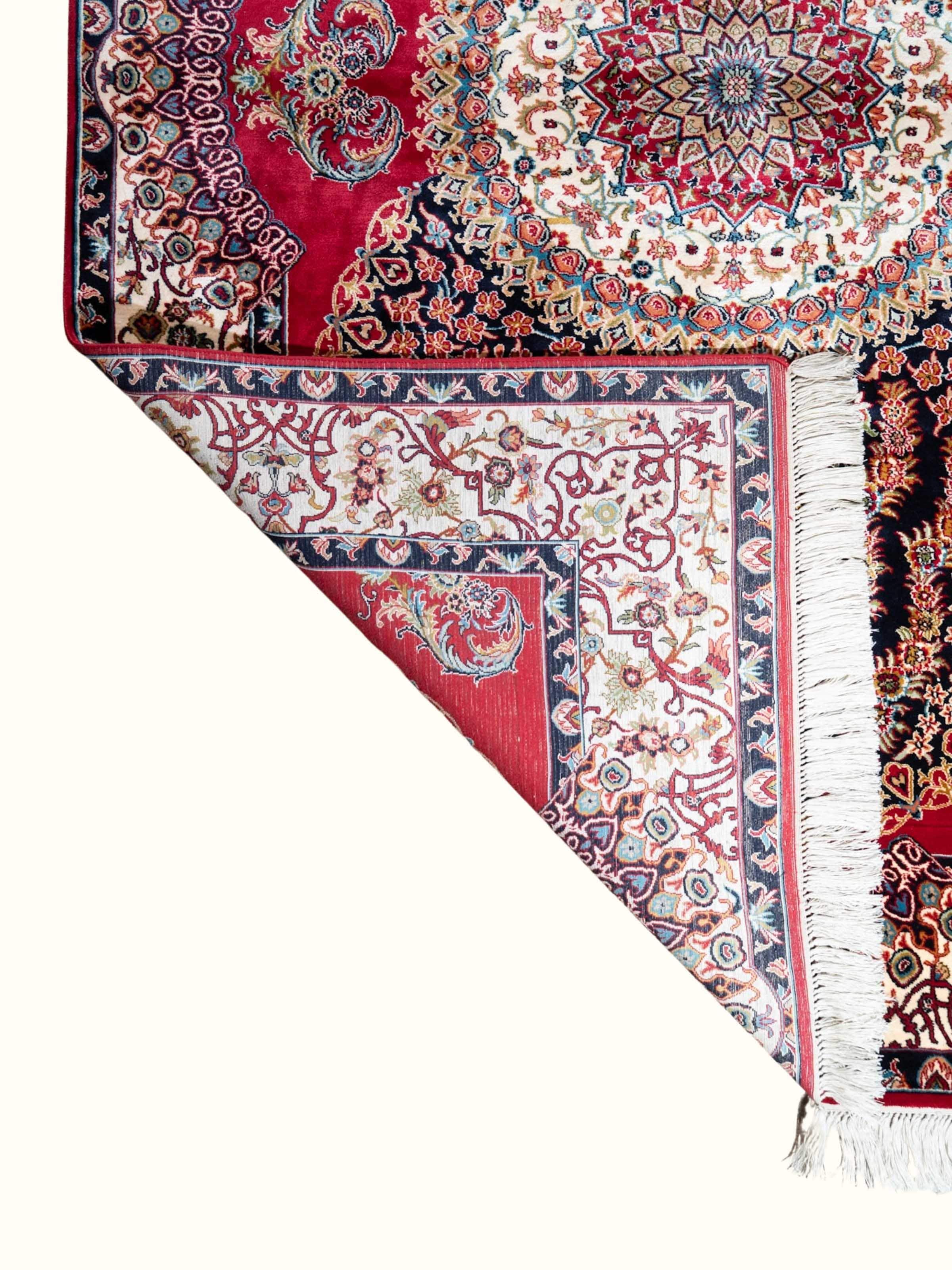 Traditional Persian Red Ishfahan Kashmir Silk Hand-Knotted Carpet