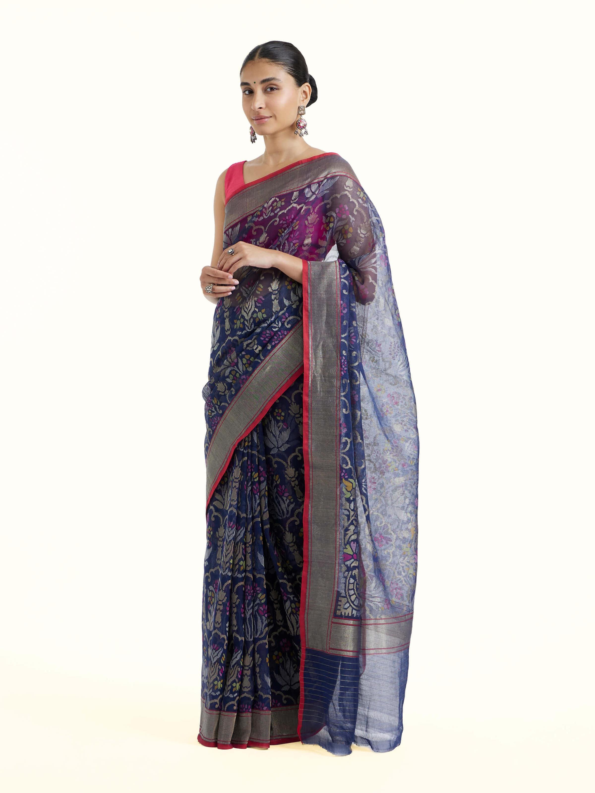 Side view of the Blue Cotton Awadh Jamdani Saree