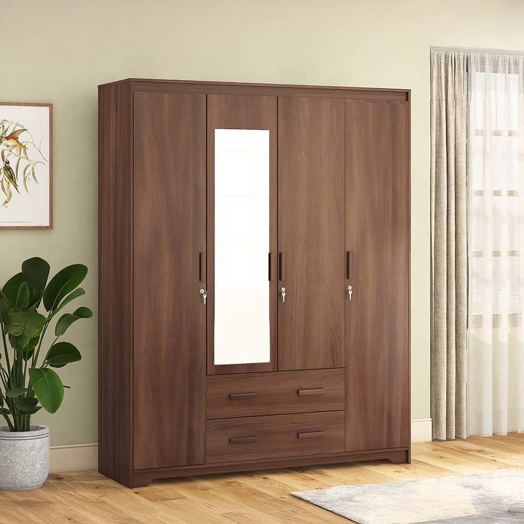 Hilton 4 Doors 2 Drawers Wardrobe With Mirror and Lock - Chestnut Acacia - Urban Ladder