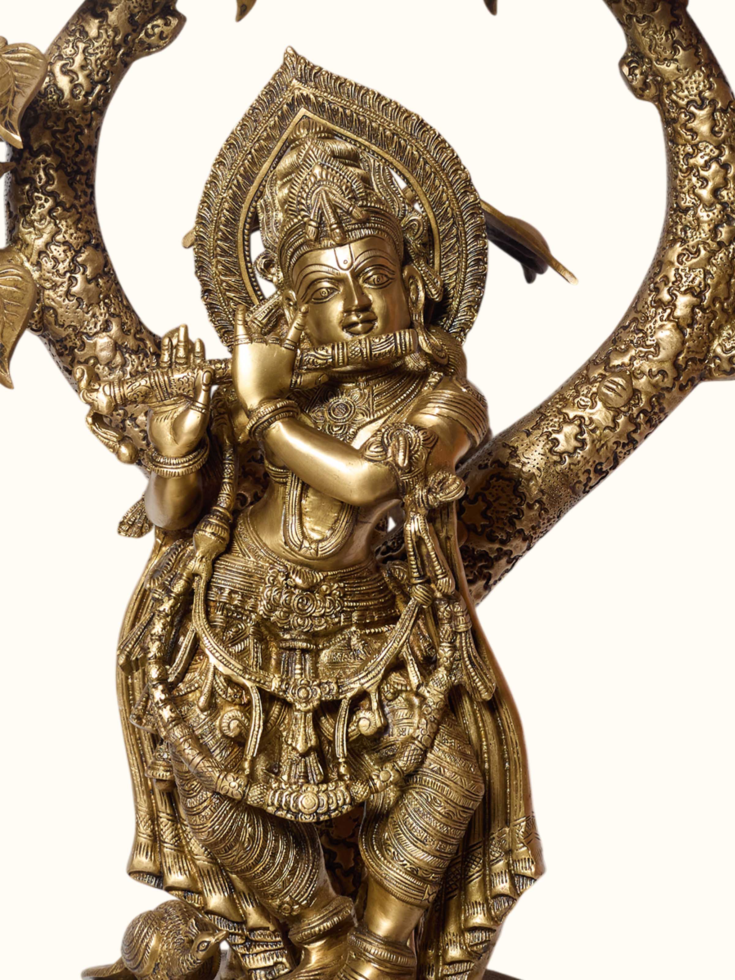 Brass Krishna Standing Tree Idol