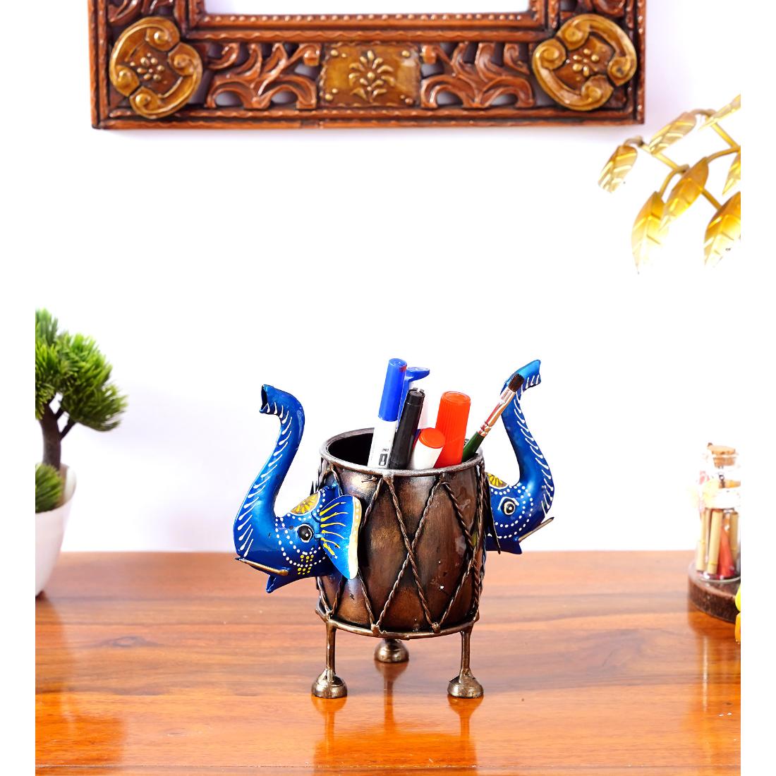 Desert Art Metal Handpainted Blue Elephant Pen Stand-picture-17